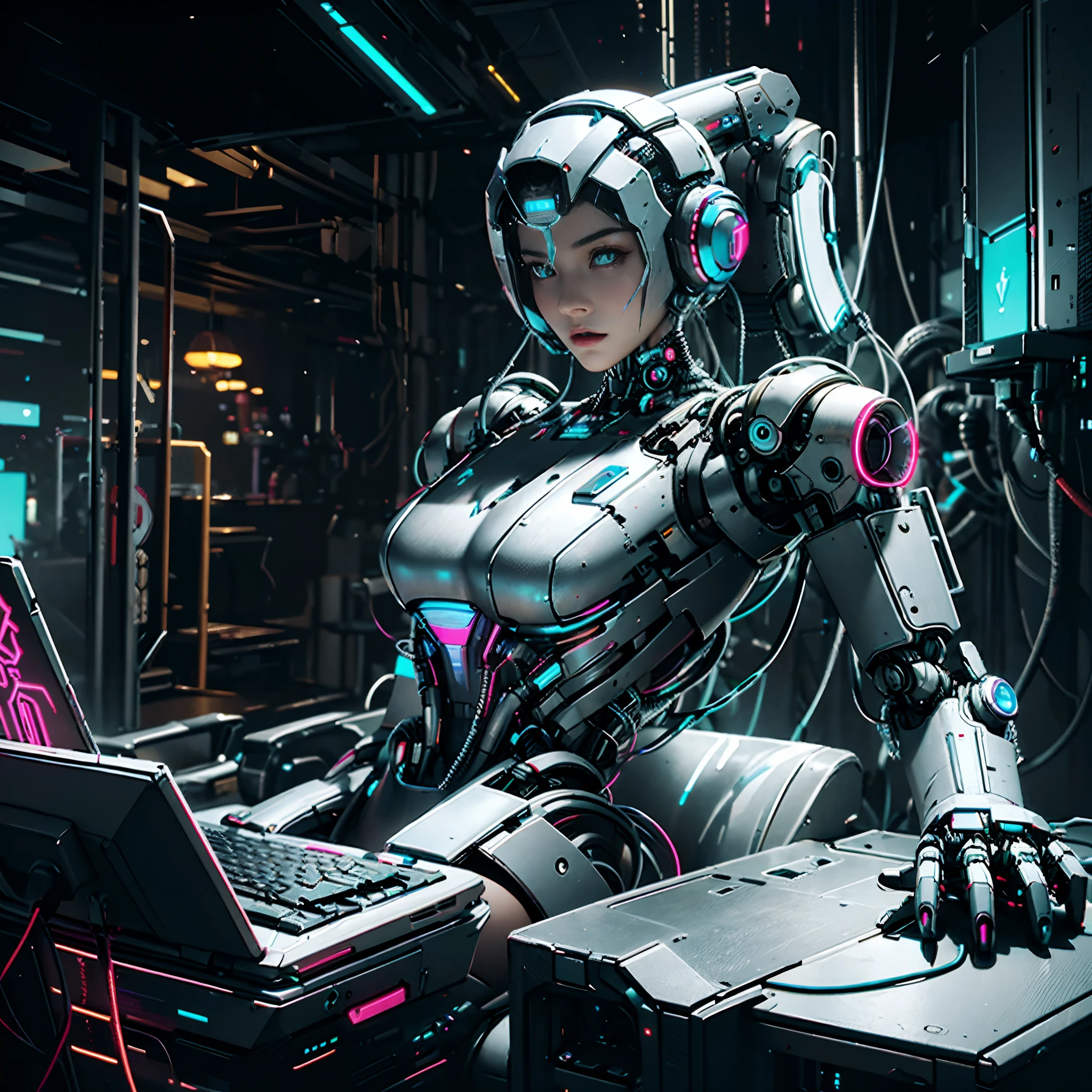 Un robot installant des gadgets sur un ordinateur futuriste, Conception de temple futuriste,cyborg, néon, détails cyberpunk