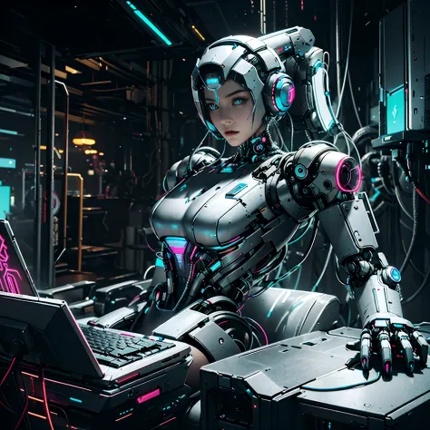 A robot installing gadgets on a futuristic computer, Design futurista do templo,ciborgue, neon, detalhes cyberpunk