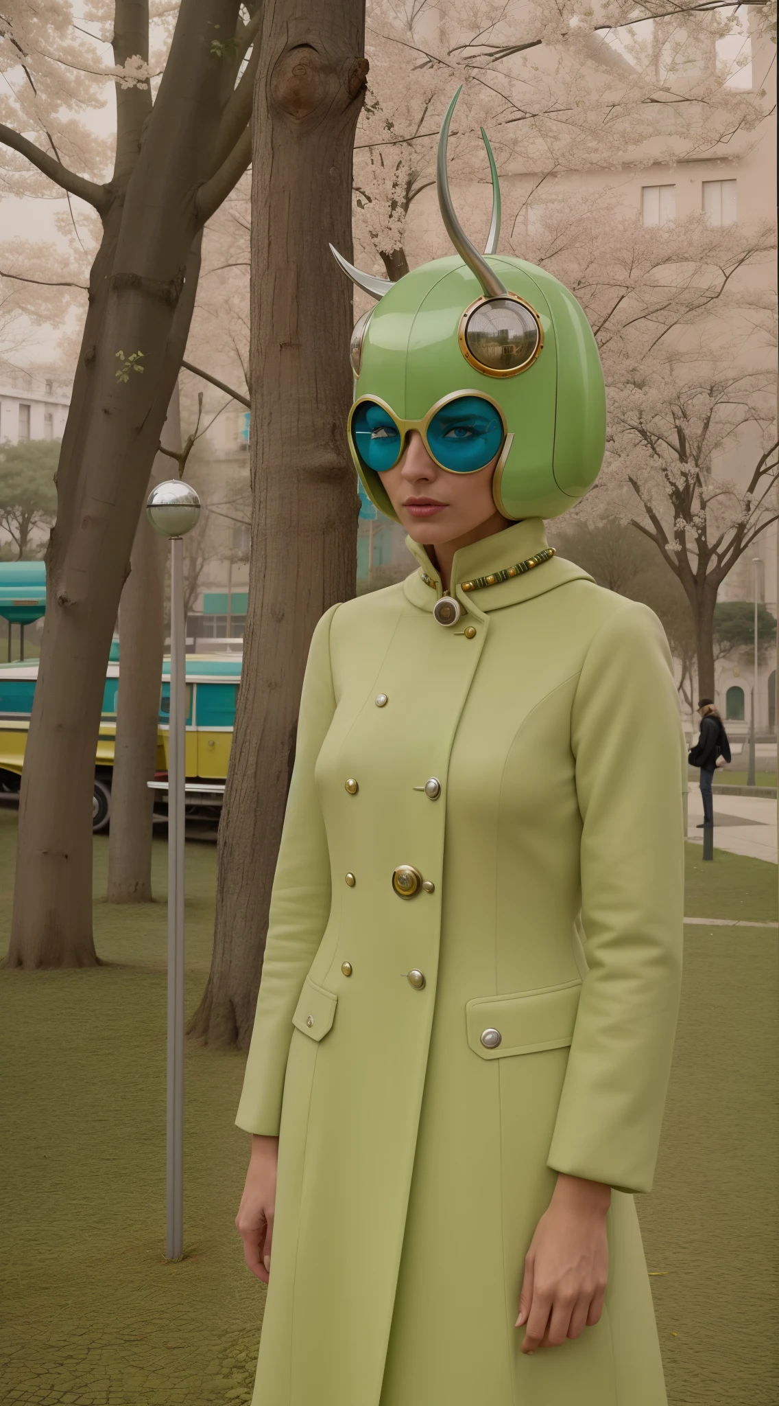 8k portrait of a 1960s science fiction film by Wes Anderson, Vogue anos 1960, pastels colors, There are people wearing futuristic animal masks and wearing extravagant retro fashion outfits and men and women wearing alien makeup and antique ornaments with mechanical pets in a park, Luz Natural, Psicodelia, futurista estranho, fotorrealista, hiper detalhado, foco nítido, Intrinsic, Fuji filmes 55mm,