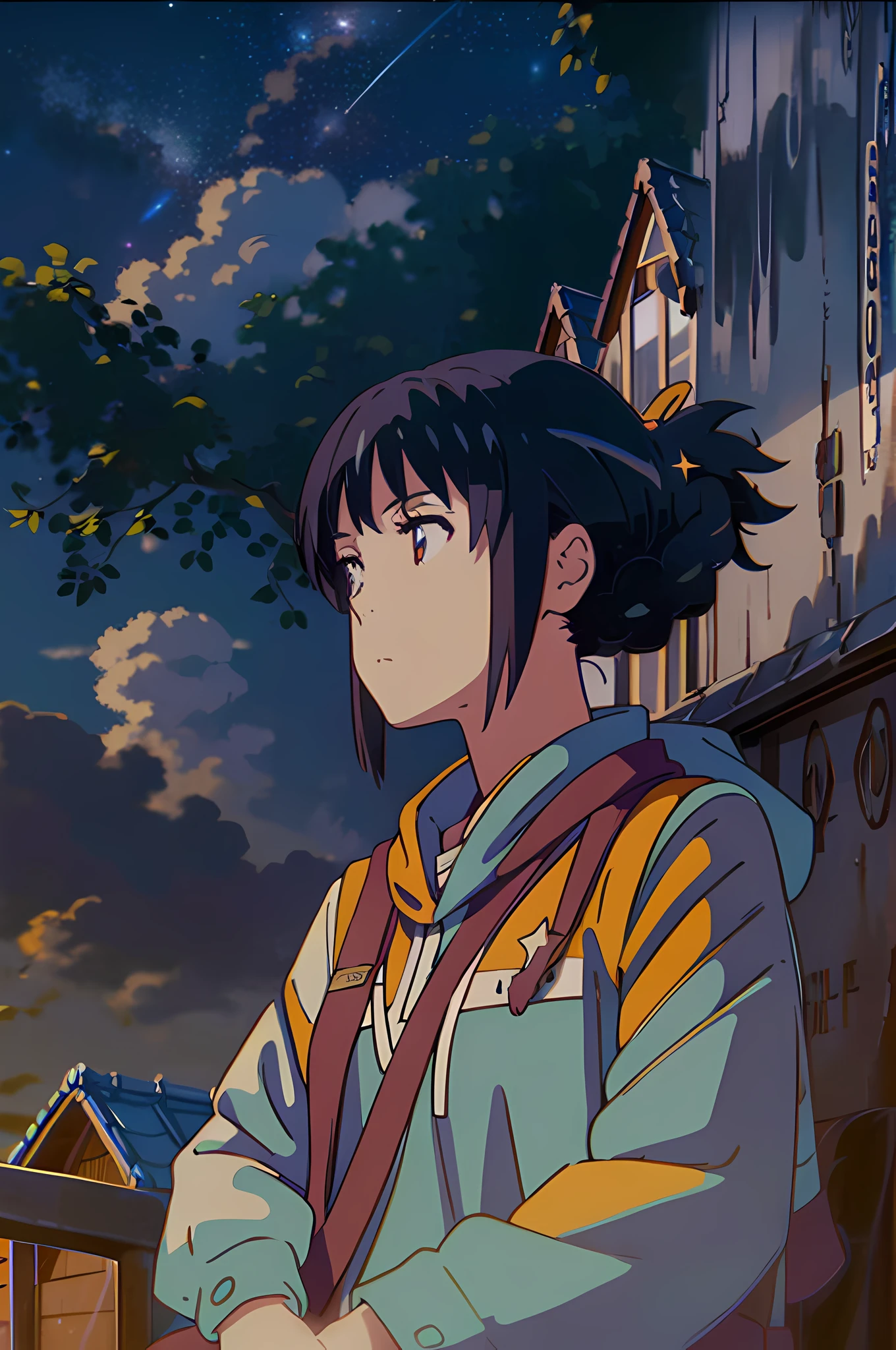 1 girl,octans, sky, star (sky), scenery, starry sky, night, 1girl, night sky, solo, outdoors, building, cloud, milky way, sitting, tree, long hair, city, silhouette, cityscape, looking at sky, 8k, beautiful night sky, ray tracing, masterpiece, cute face