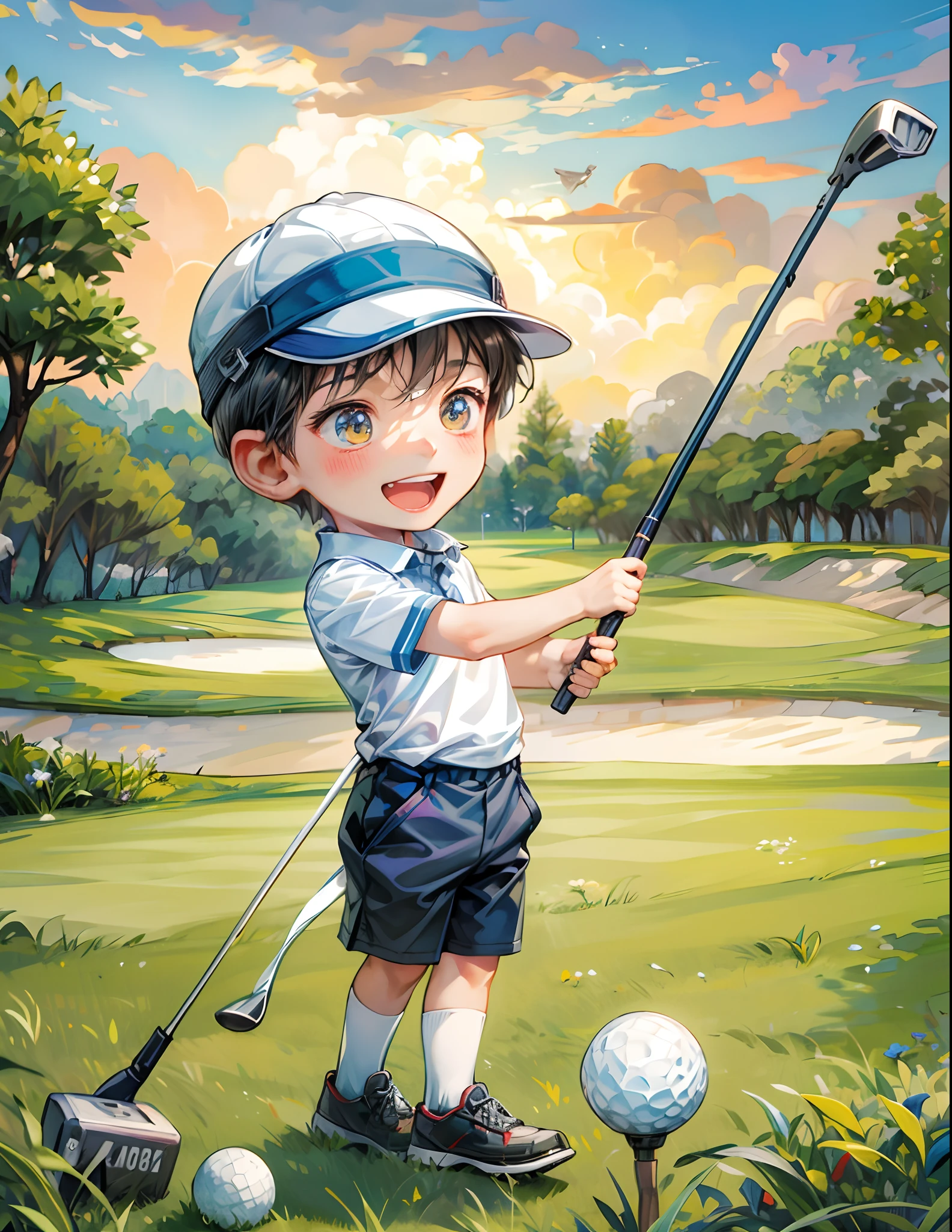 chico mono, 1 chico ,solo,jugando golf, lindo,pixiv, ultra alta definición,ghibi,pixiv, detalles,Pequeñas flores blancas, sonriente,((Detallar todo))