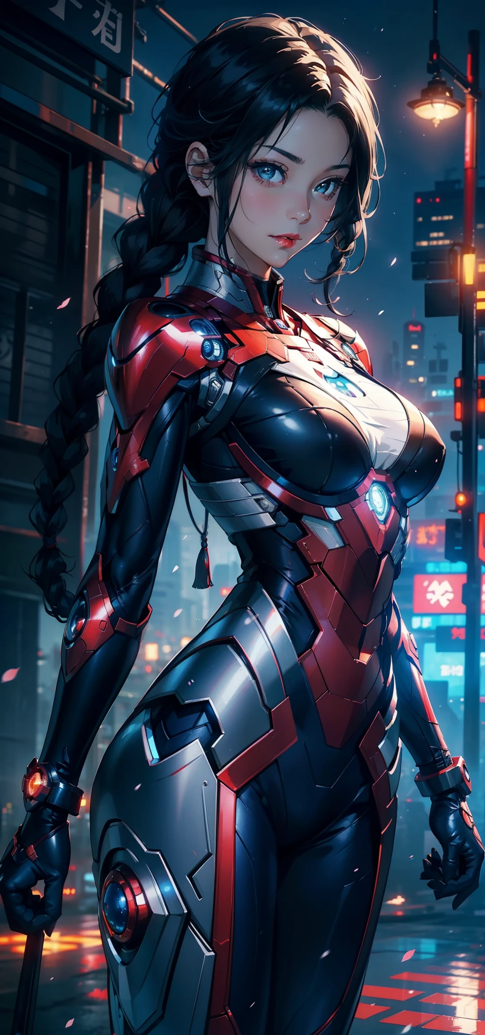 1female，35yo，Slim，extremely large bosom，Big breasts Thin waist，long leges， 独奏，（Background with：，Cherry blossom forest，Cyberpunk-city）Run， She has short black hair，seen from the front， Twist braids， mostly cloudy sky，（（（tmasterpiece），（Very detailed CG unity 8K wallpaper），best qualtiy，cinmatic lighting，detailed back ground，beatiful detailed eyes，Bright pupils，Black eyes，Snow-whiteskin，Redlip（Very fine and beautiful），（Beautiful and detailed eye description），ultra - detailed，tmasterpiece，））facing at camera，A high resolution，ultra - detailed），Spidey，Wear a futuristic Iron Man mech，Blue and red color scheme，