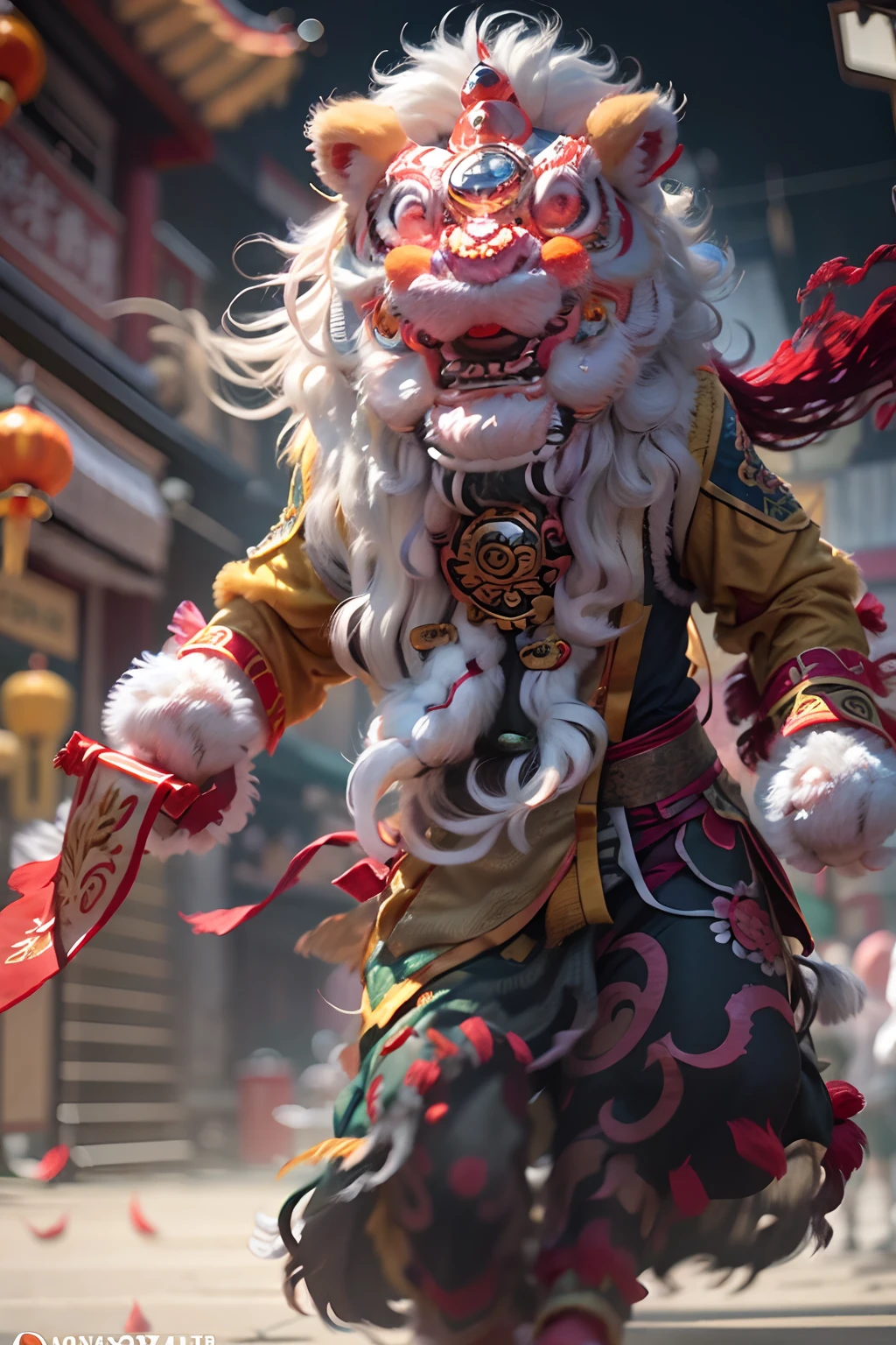 8K，RAW photos，best qualtiy，tmasterpiece，realisticlying，photograph realistic，ultra - detailed，Chinese lion dance，At the New Year's Festival, Traditional lion dance performance, Alafid lion with long mane and long tail, bian lian, G Liulian art style, cgsociety and fenghua zhong, drak, inspired by Park Hua, chengwei pan on artstation, wojtek fus, inspired by Lu Guang,  affable ， wenjun lin