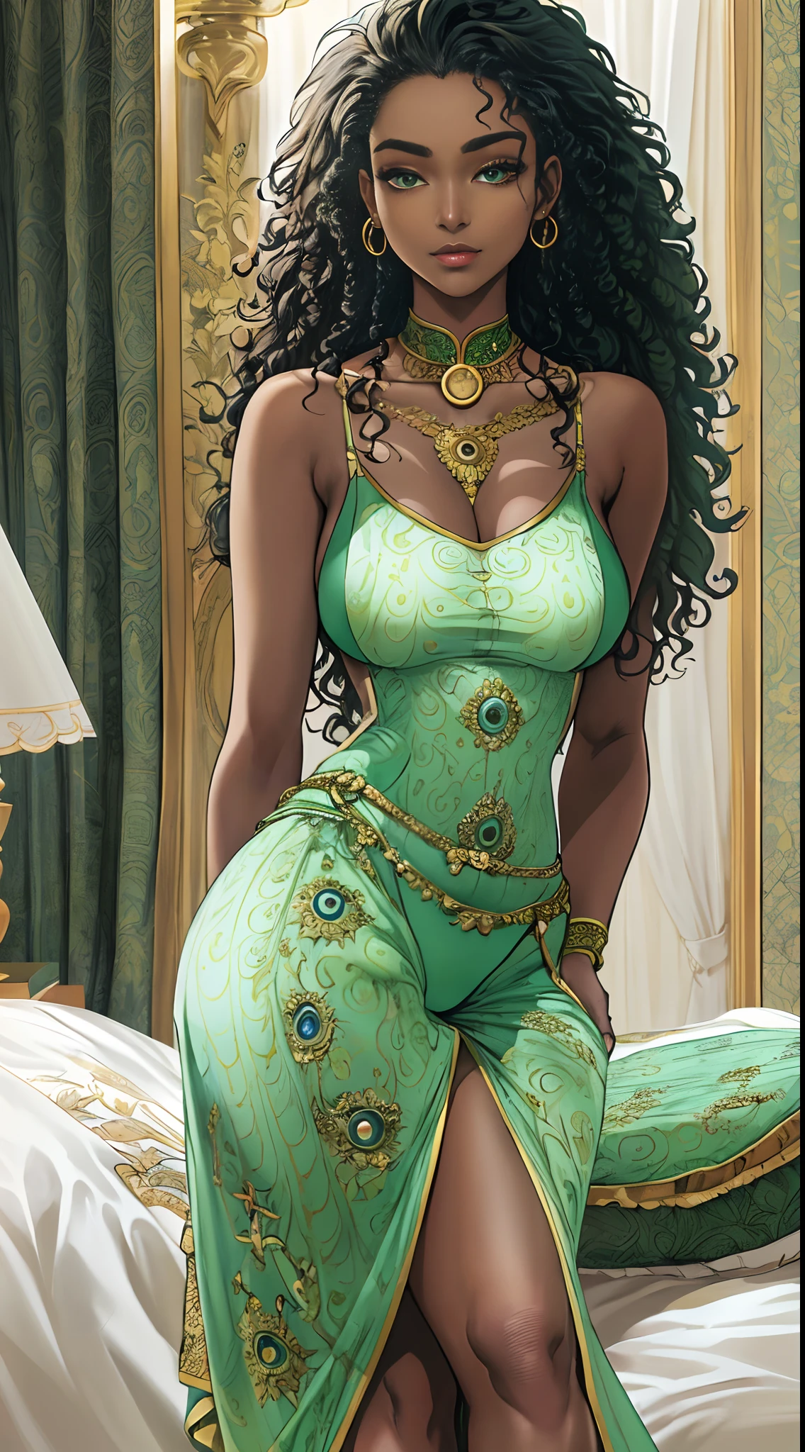 ((Masterpiece, hiquality, absurdress) 1Woman, black hair, curly hair, Afro-curly hair, Green eyes, a perfect face, the perfect body, big breastes, short stature, very dark skin, Hindu woman, solo, ((Best Quality)), ((Masterpiece)), (Detailed:1.4), Detailed eyes and face, Designer pajamas, Designer underwear, designer bed linen, Designer slippers , Languid look, Evening, big bed, Primordial world