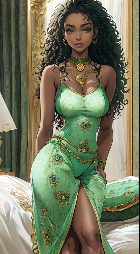 ((Masterpiece, hiquality, absurdress) 1Woman, black hair, curly hair, Afro-curly hair, Green eyes, a perfect face, the perfect b...
