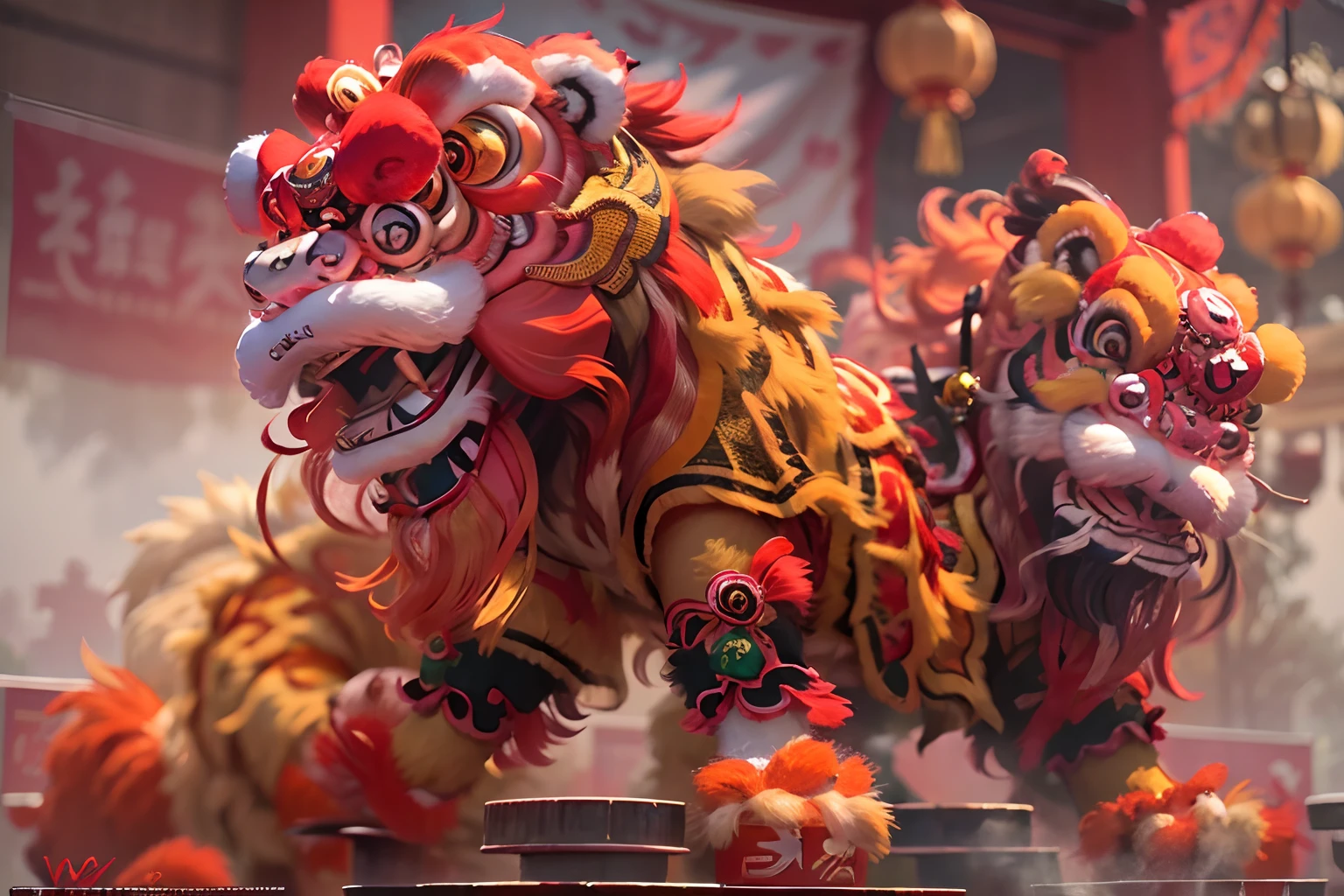 8K，RAW photos，best qualtiy，tmasterpiece，realisticlying，photograph realistic，ultra - detailed，Chinese lion dance，At the New Year's Festival, Traditional lion dance performance, Red and gold thread lion，Long mane and long tail, bian lian, G Liulian art style, cgsociety and fenghua zhong, drak, inspired by Park Hua, chengwei pan on artstation, wojtek fus, inspired by Lu Guang,  affable ， wenjun lin