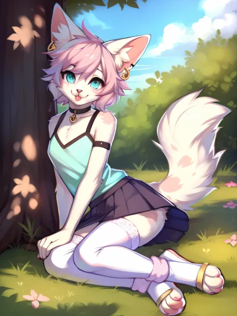 slim, anorexic blep, white cat, fluffy tail, paw pads, pink paw pads, white spots, big fluffy tail, earrings, fluffy fur, girly, white stockings, pink leg-warmers 1girl, solo, female, big breasts, blue skirt, pastel pink hair, short hair, hair over left ey...