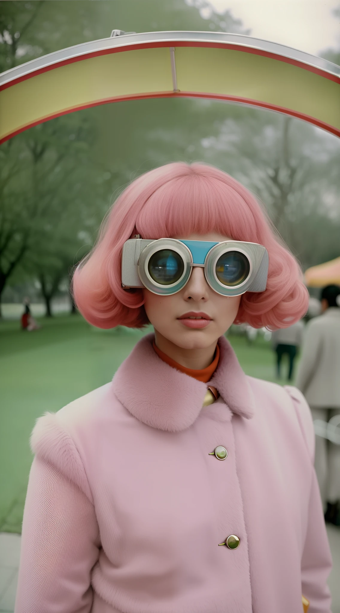 8k portrait of a 1960s science fiction film by Wes Anderson, Vogue anos 1960, pastels colors, There are people wearing futuristic animal masks and wearing extravagant retro fashion outfits and men and women wearing alien makeup and antique ornaments with mechanical pets in a park, Luz Natural, Psicodelia, futurista estranho, fotorrealista, hiper detalhado, foco nítido, Intrinsic, Fuji filmes 55mm,