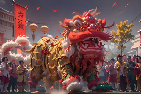 8K，RAW photos，best qualtiy，tmasterpiece，realisticlying，photograph realistic，ultra - detailed，Chinese lion dance，At the New Year'...