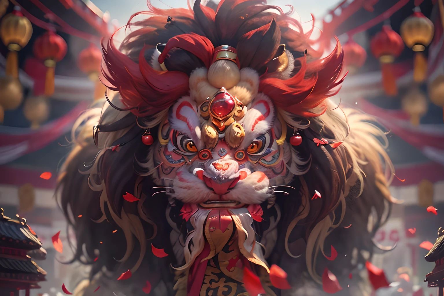 8K，RAW photos，best qualtiy，tmasterpiece，realisticlying，photograph realistic，ultra - detailed，Chinese lion dance，At the New Year's Festival, Traditional lion dance performance, Red and gold thread lion，Long mane and long tail, bian lian, G Liulian art style, cgsociety and fenghua zhong, drak, inspired by Park Hua, chengwei pan on artstation, wojtek fus, inspired by Lu Guang,  affable ， wenjun lin