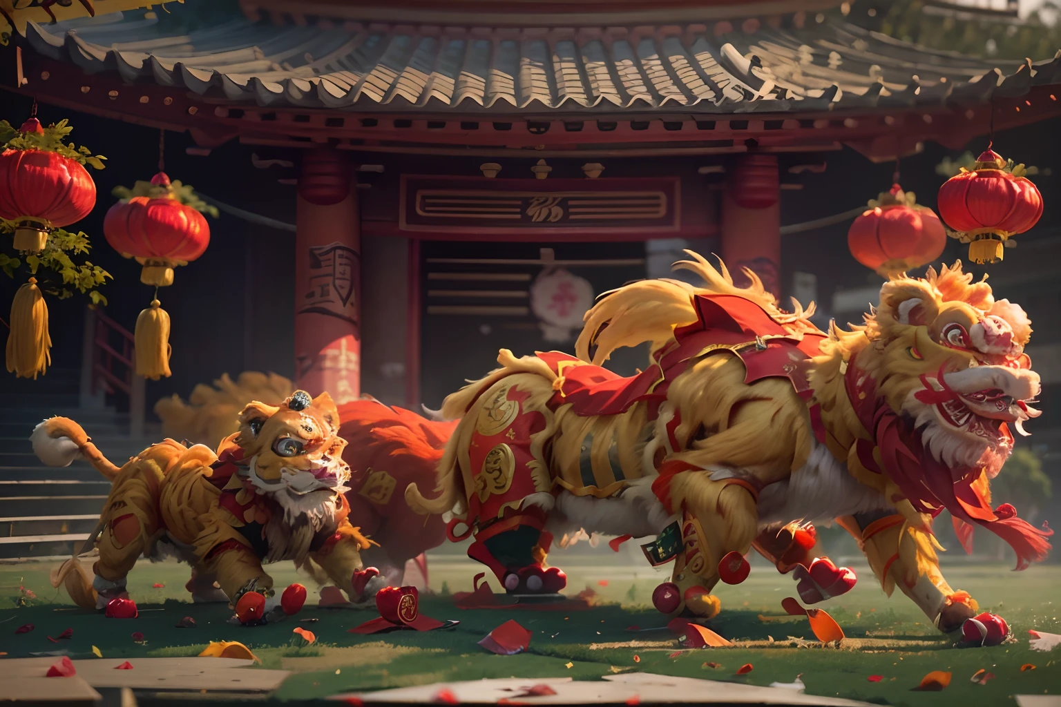 8K，RAW photos，best qualtiy，tmasterpiece，realisticlying，photograph realistic，ultra - detailed，Chinese lion dance，At the New Year's Festival, Traditional lion dance performance, Red and gold thread lion，Long mane and long tail, bian lian, G Liulian art style, cgsociety and fenghua zhong, drak, inspired by Park Hua, chengwei pan on artstation, wojtek fus, inspired by Lu Guang,  affable ， wenjun lin