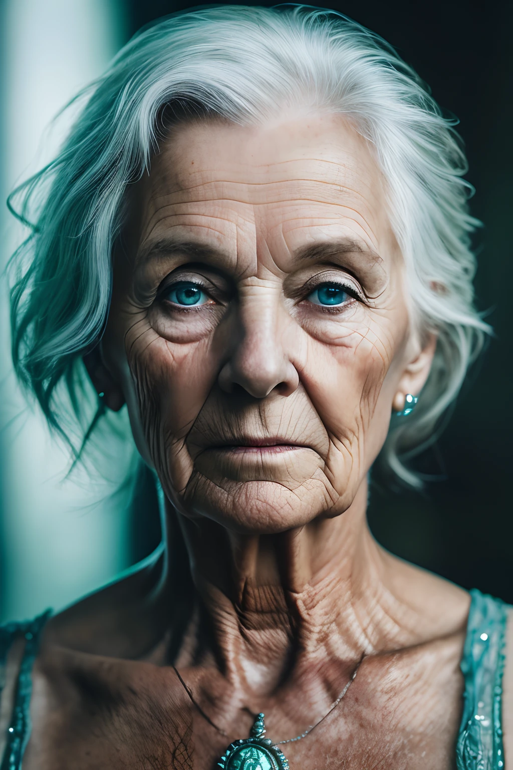 Highly detailed RAW portrait of an elderly Irish woman with tired, worn textures, distinct skin pores, and a nose piercing. The lighting is flawlessly balanced for photorealism, with a sharp focus and smooth depth of field,  the cover page for magazine, intricate underwater worlds, uncanny valley realism, gothic horror, aquamarine, digitally enhanced.  Captured in 8K UHD using a Sony Alpha 1 and an 85mm f/1. 4 lens at a shutter speed of 1/500 and ISO 100 film. The color palette is neutral and muted, rendering a realistic portrayal. (StableDifusionXL1. 0 - SeargeSDXL)