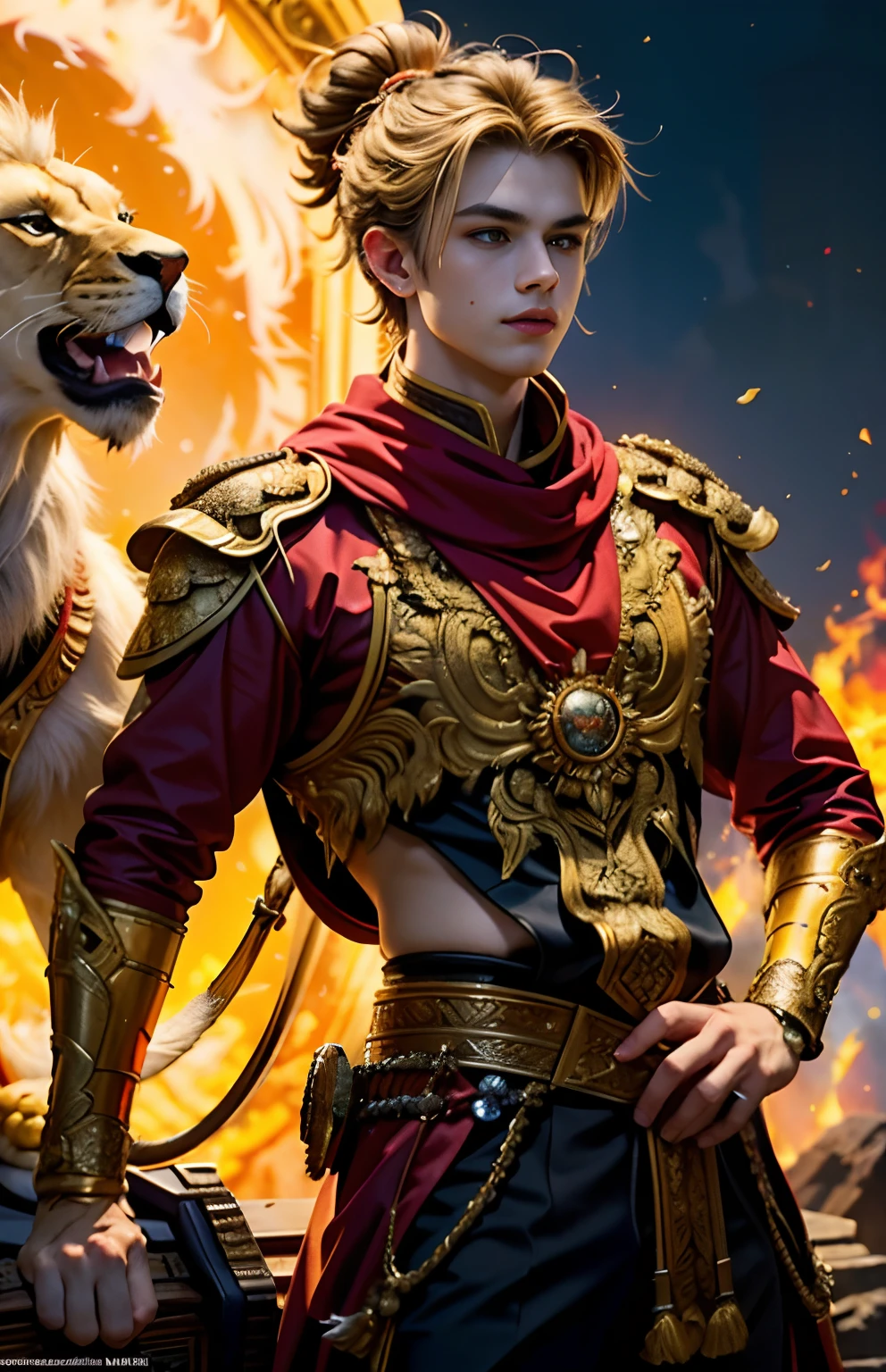 (1male) , The young man of the sun god sitting on the back of a lion looks interesting..................((Standing next to a lion)).,,Against the backdrop of flames and sun. (Updo crimson:1.2),(Medium Full Shot) Wearing full body armor.........,slight smile, (Red inner leather jacket)(Dark Armor 1.1) And a red robe..........................,(Red long scarf) (capes:1.2) Royal style family (embroidery:0.5) (Medium length hairstyles, blonde)., skinny (Gorket Luckcart Poldron :1.3), (Cow symbol on armor), (masterpiece:1.2) (illustration:1.1) (bestquality:1.2) (Detailed) (intricate) (10) (HDR) (wallpaper) (Cinematic lighting) (crisp focus), Linewichit Style