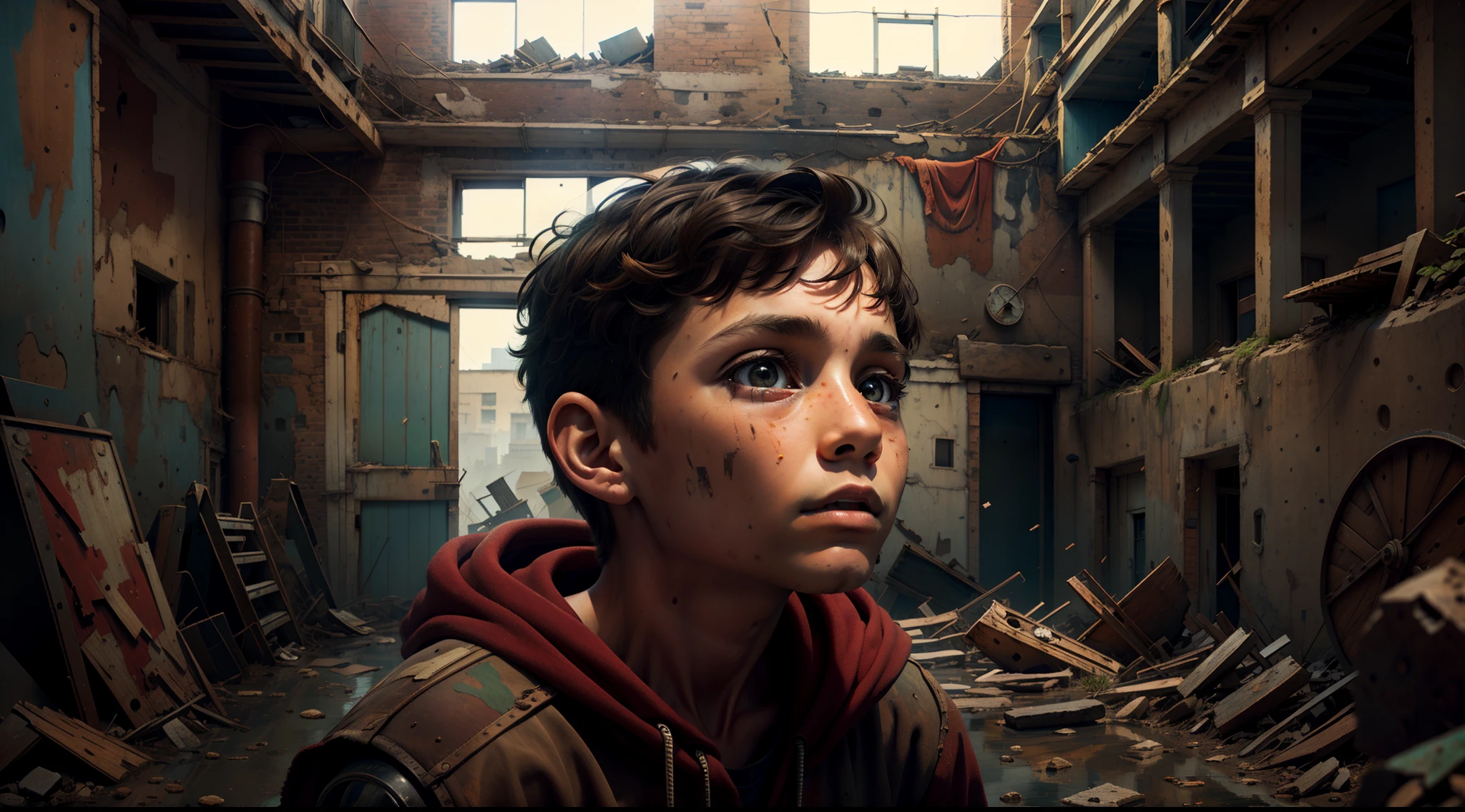 Un curioso Max de 12 años, mirando dentro de un viejo, fabrica abandonada, con una sensación de asombro en sus ojos.
