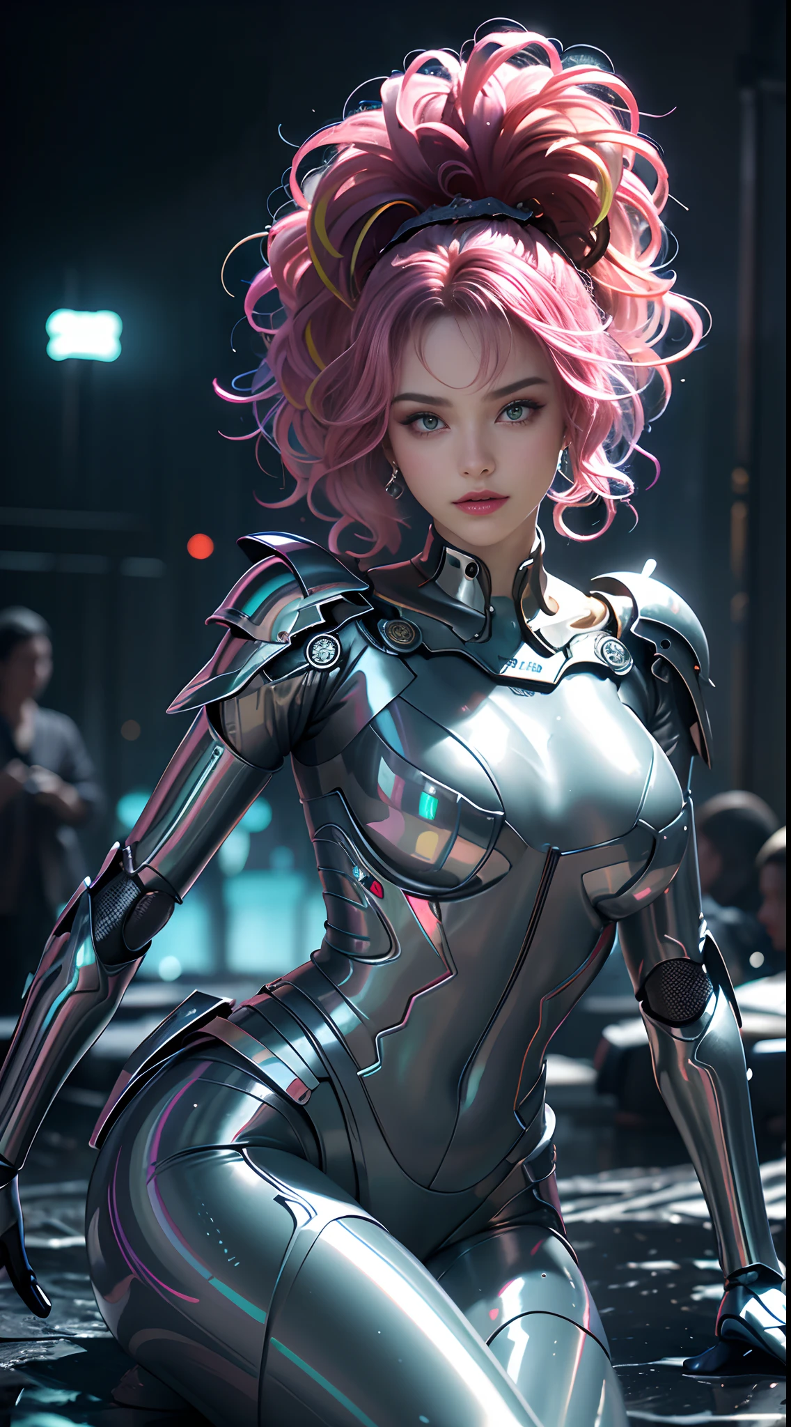 engine unreal:1.4,uhd,the best quality:1.4, photorrealistic:1.4, texture of the skin:1.4, ​masterpiece:1.8,Masterpiece artwork, best qualityer, 1girl, ives , Mecha, beautiful  lighting, (Neon light: 1.2), (natta: 1.5), "Masterpiece artwork, best qualityer, 1 garota, full - length portrait, sultry posing, blue colored eyes, multicolored hair+Plata:1.3+rot:1.2+purple+yellow:1.3+Unripe:1.3, sculpted legs and tempting curves, bountiful breasts, beautiful  face, many drops of water, nube, Twilight, open plan, water colour, Neon light:1.2, natta:1.5, Mecha, beautiful  lighting, bright neon light: 1.2, unforgettable mysterious night: 1.5",(mano Detailed:1.4),