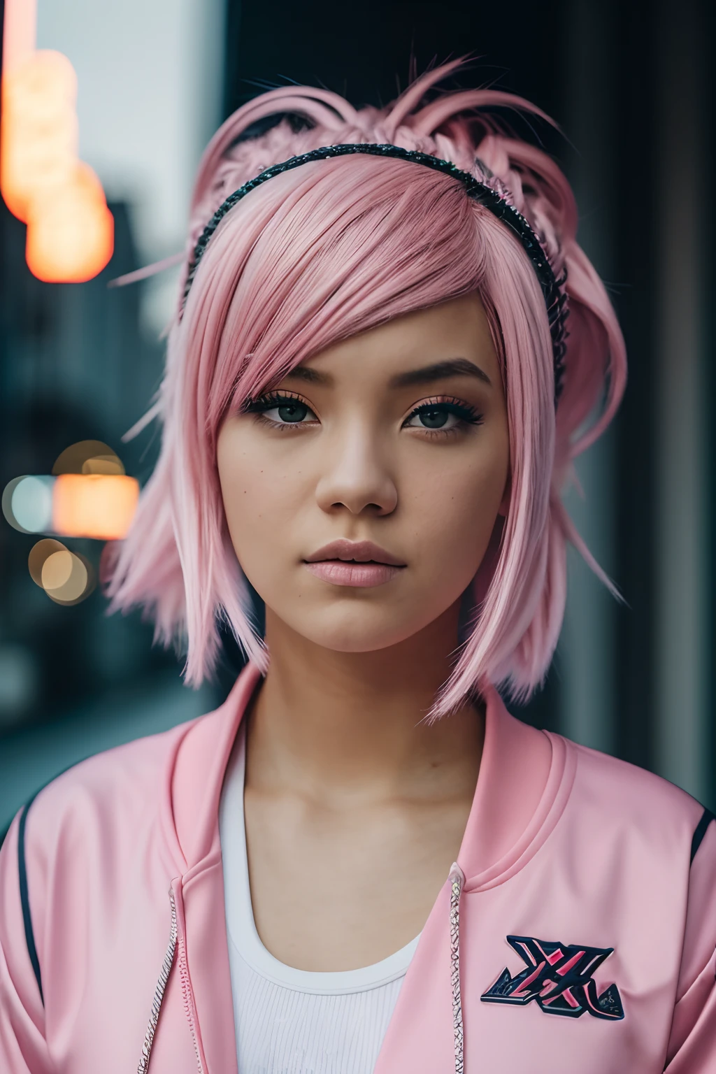 Coldgirl, RAW photo, Portrait of Sxeyez, (pink hair: 3) , Goto, hair ornament, Cubic hair ornament, track jacket ,  (high skin detail:1.2), 8K UHD, dslr, soft-lighting, hiquality, Film grain, Fujifilm XT3