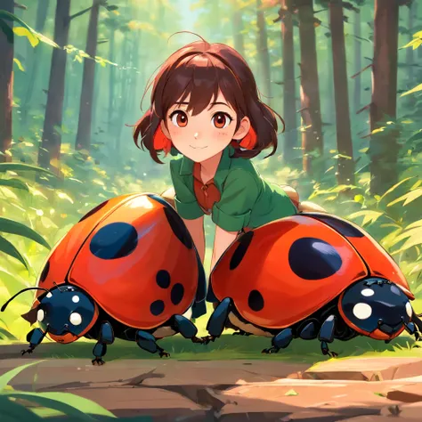 Anime girl with two ladybugs in the woods - SeaArt AI