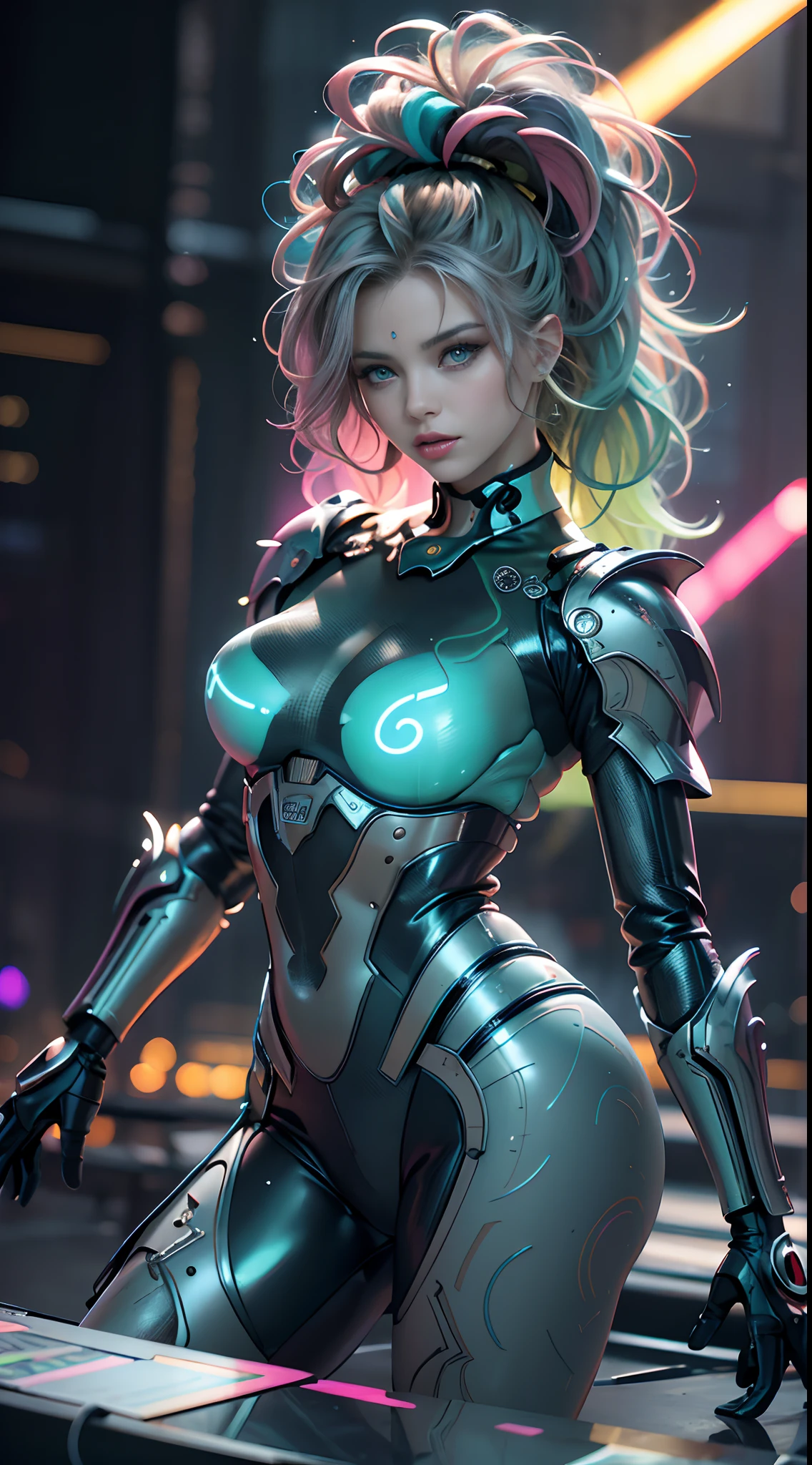 unreal engine:1.4,UHD,La Best Quality:1.4, photorealistic:1.4, skin texture:1.4, Masterpiece:1.8,first work, Best Quality, 1girl, Ives Girl, mecha, beautiful  lighting, (neon light: 1.2), (evening: 1.5), "first work, Best Quality, 1chica, Full length portrait, pose sensual, blue eyes, multicolored hair+yellow:1.3+green:1.3, Sculpted legs and tempting curves, full breasts, Beautiful face, many drops of water, clouds, twilights, Open floor plan, watercolor, neon light:1.2, evening:1.5, mecha, beautiful  lighting, Bright neon light: 1.2, unforgettable mysterious night: 1.5",(detailed hand:1.4),