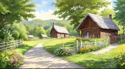 Beautifully drawn, high quality, ultra-detailed CG illustration of a cottage with a serene expression. Fence and  flowers along ...