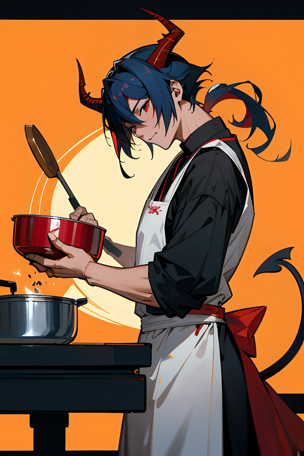 Anime - style illustration of a woman cooking in a kitchen with a devil on  the wall - SeaArt AI