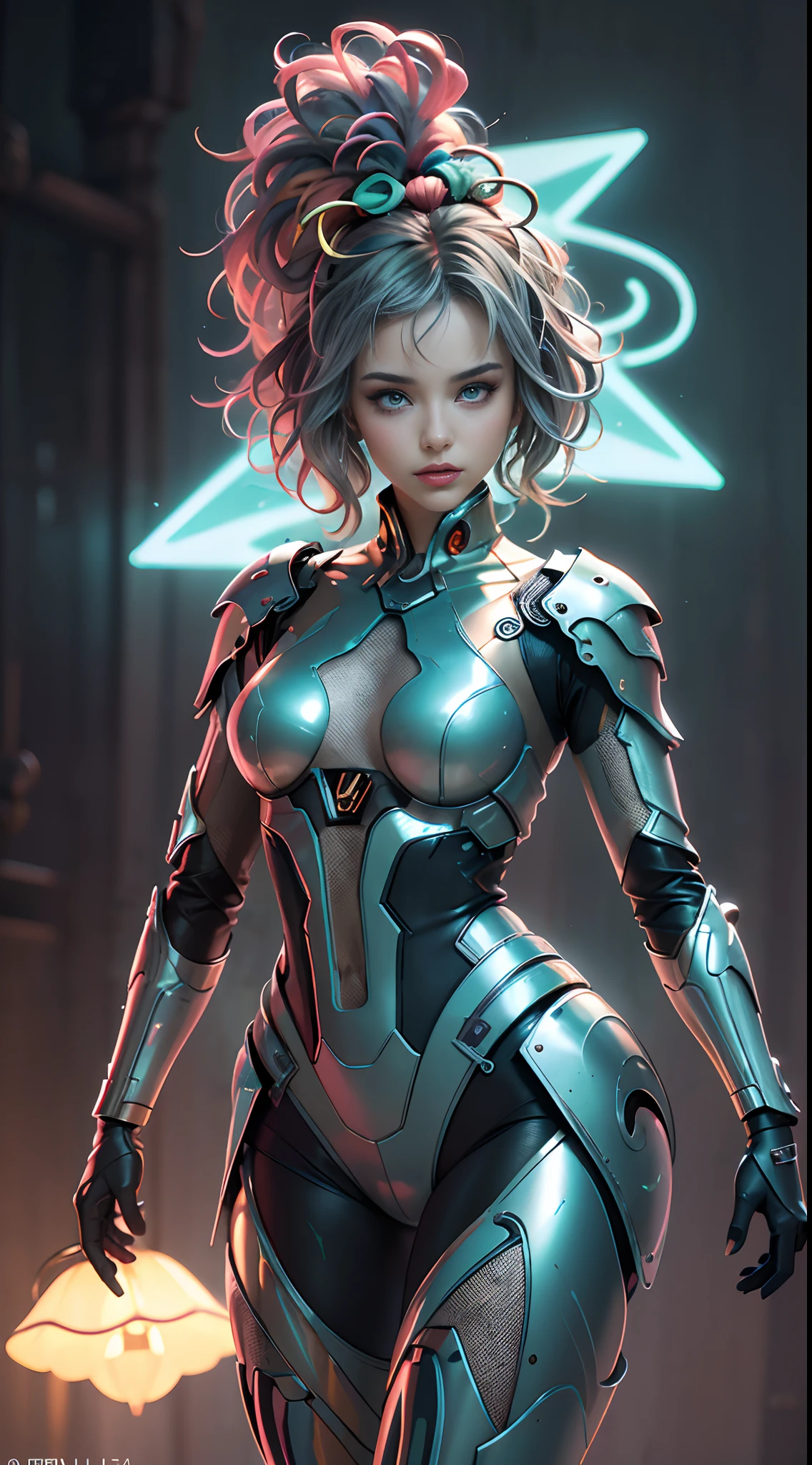unreal engine:1.4,UHD,La Best Quality:1.4, photorealistic:1.4, skin texture:1.4, Masterpiece:1.8,first work, Best Quality, 1girl, Ives Girl, mecha, beautiful  lighting, (neon light: 1.2), (evening: 1.5), "first work, Best Quality, 1chica, Full length portrait, pose sensual, blue eyes, multicolored hair+yellow:1.3+green:1.3, Sculpted legs and tempting curves, full breasts, Beautiful face, many drops of water, clouds, twilights, Open floor plan, watercolor, neon light:1.2, evening:1.5, mecha, beautiful  lighting, Bright neon light: 1.2, unforgettable mysterious night: 1.5",(detailed hand:1.4),