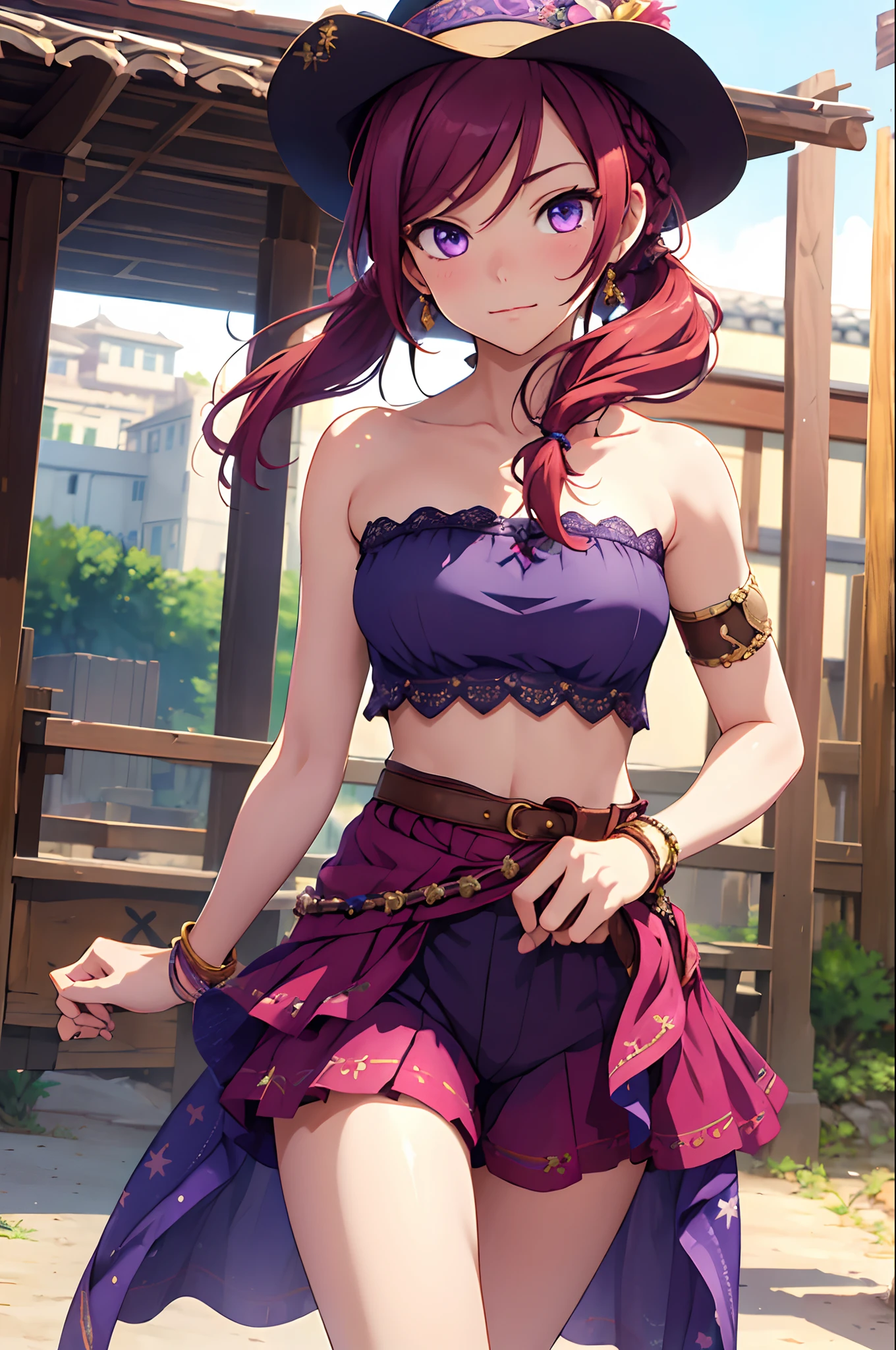 (masterpiece, best quality:1.2), cowboy shot, solo, 1girl, nishikino maki, purple eyes, expressionless, closed mouth, looking at viewer, twintails, braid, hat, arabian clothes, see-through, bandeau, shorts, jewelry