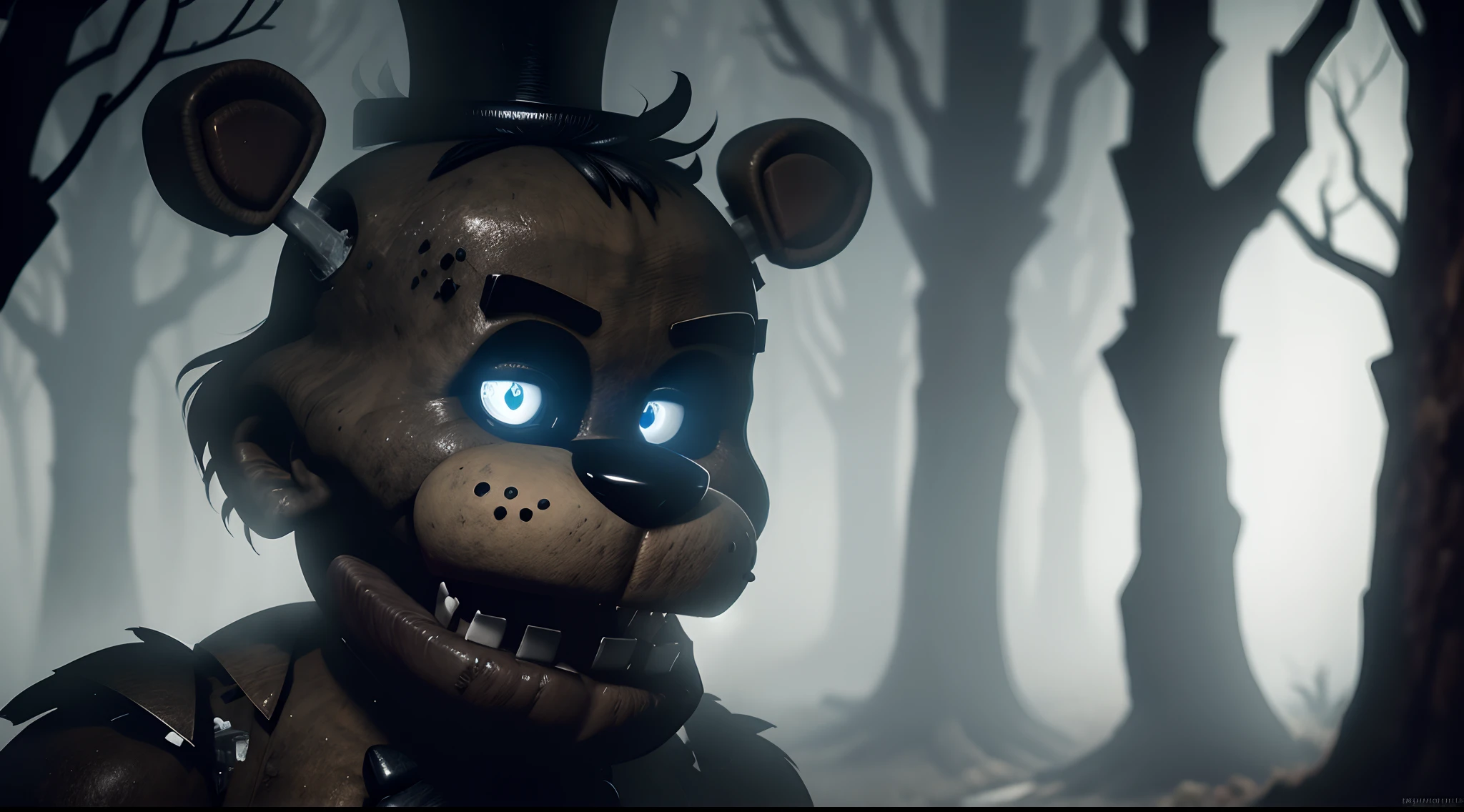 a,dark,forest,freddy fazbear,epic scene,freddy fazbear focus,up close angle,horror,haunting,ominous,spooky,menacing,foggy,misty,creepy atmosphere,mysterious shadows,majestic trees,twisted branches,glowing eyes,menacing grin,sharp teeth,creaking sound of branches,ominous whispers,gloomy lighting,dark silhouette,misty atmosphere,nightmare,pitch black,chilling,haunted,nighttime,unsettling,unforgiving,terrifying. (best quality,4k,8k,highres,masterpiece:1.2),ultra-detailed,(realistic,photorealistic,photo-realistic:1.37),HDR,UHD,studio lighting,ultra-fine painting,sharp focus,physically-based rendering,extreme detail description,professional,vivid colors,bokeh,horror,grim,foreboding,monstrous,unnerving,wilderness,nightmarish,dreadful,macabre,nightfall,spine-tingling,phantasmagoric,terrifyingly beautiful,wicked,dank,dread-filled,ghastly,dreary,oppressive,dismal,horrendous,formidable.