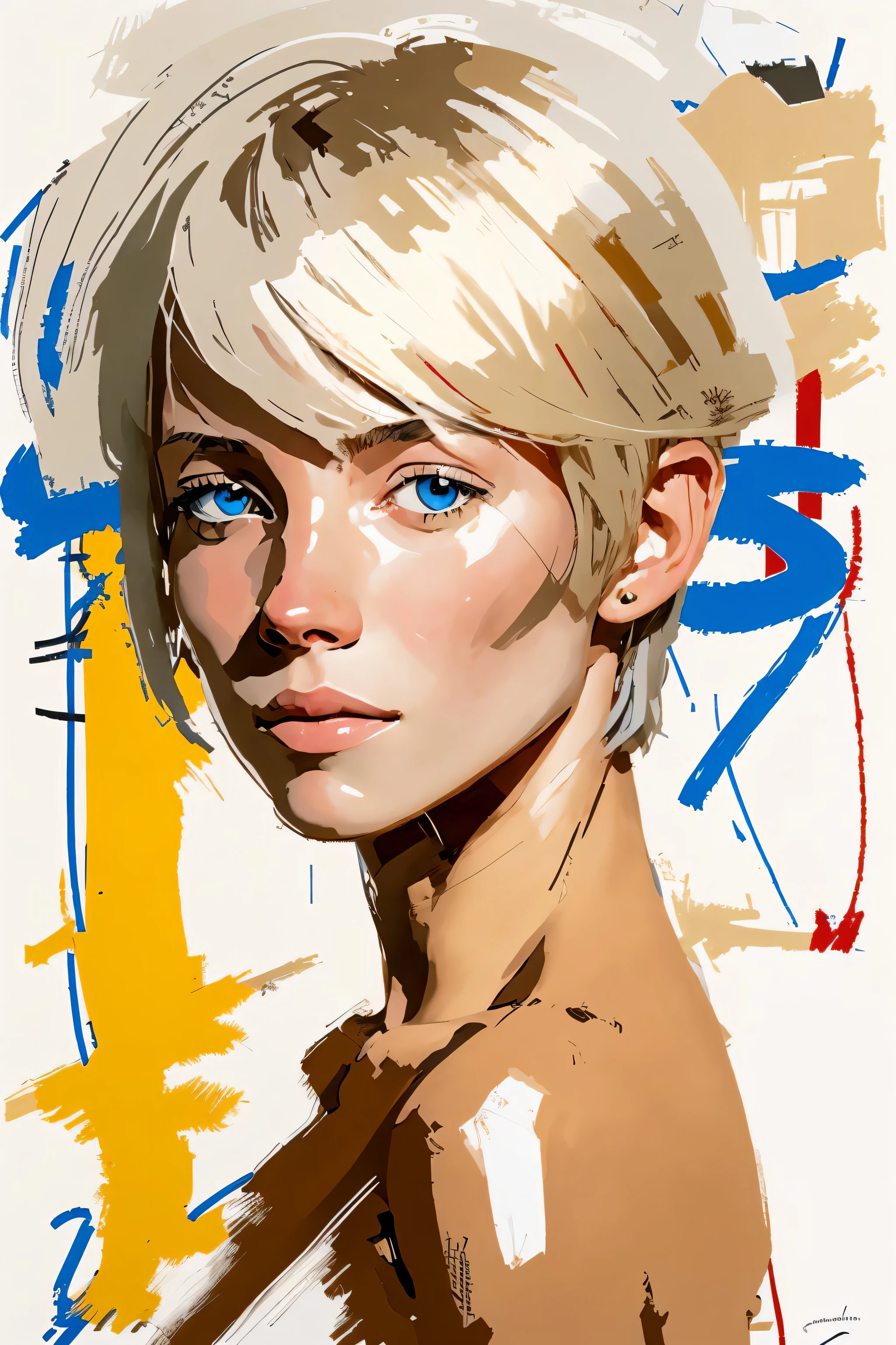 Masterpiece, best quality,
1 woman, blonde, leaning forward, from below, claymore ,pale skin, bobcut,
(sketch by Andre Kohn, Jean-Michel Basquiat)