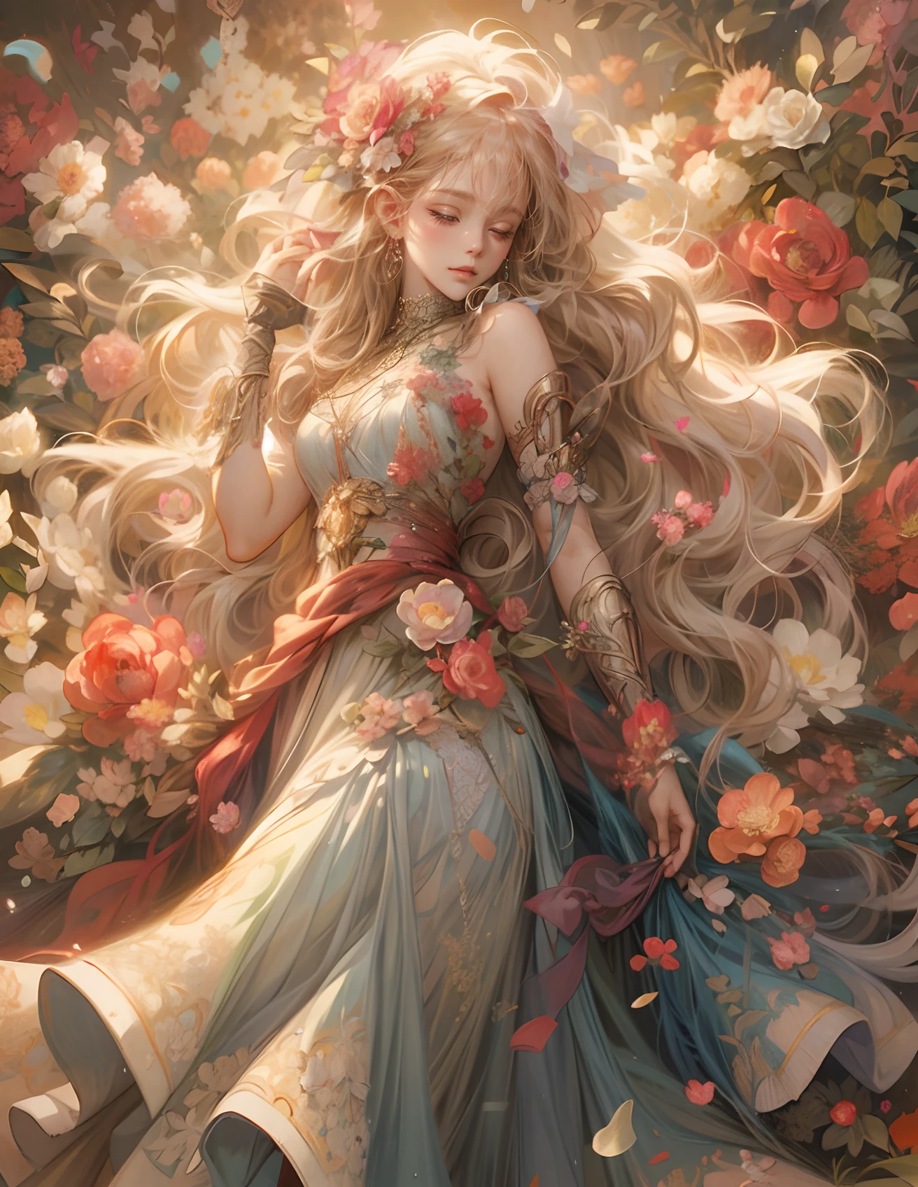 una mujer con el pelo largo y un vestido está tumbada en un jardín, Alphonse mucha y rossdraws, Arte de estilo fantasía., ilustración de fantasía de anime, hermoso arte anime, diosa de las flores, hermoso arte animework, estilo de arte de fantasía, hermoso arte de fantasía, ilustraciones de fantasía de anime, hermosa obra de arte digital, arte de anime digital detallado, hermosa pintura de personajes, hermosa doncella de fantasía, Una hermosa ilustración artística.