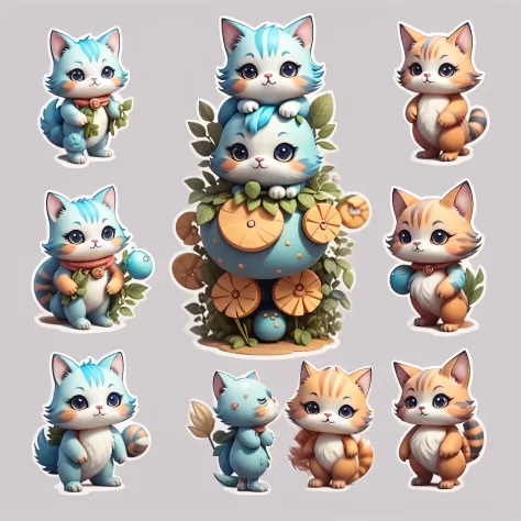 "Imaginative concept art of a cute creature inspired by Lora, with the appearance of a cat and dressed as a teacher. (CuteCreatures tag weighted at 0.9)", clipart, 5 in one, white background,