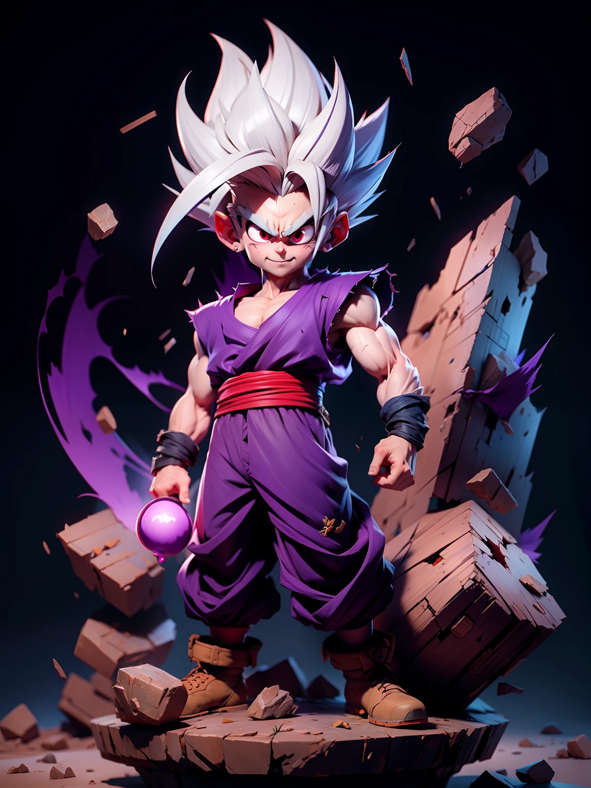 masterpiece, best quality, ultra-detailed, Adult Gohan 1boy, solo, Full body, evil smile, grey hair, spiked hair, (((red eyes))), (((perfect eyes))), (((PURPLE dougi))), full body, looking at viewer, male focus, earth \(planet\), planet, space, cracked ground and lots of rocks rising up, lots of debris going up, perfect hands . Cute, chibi,