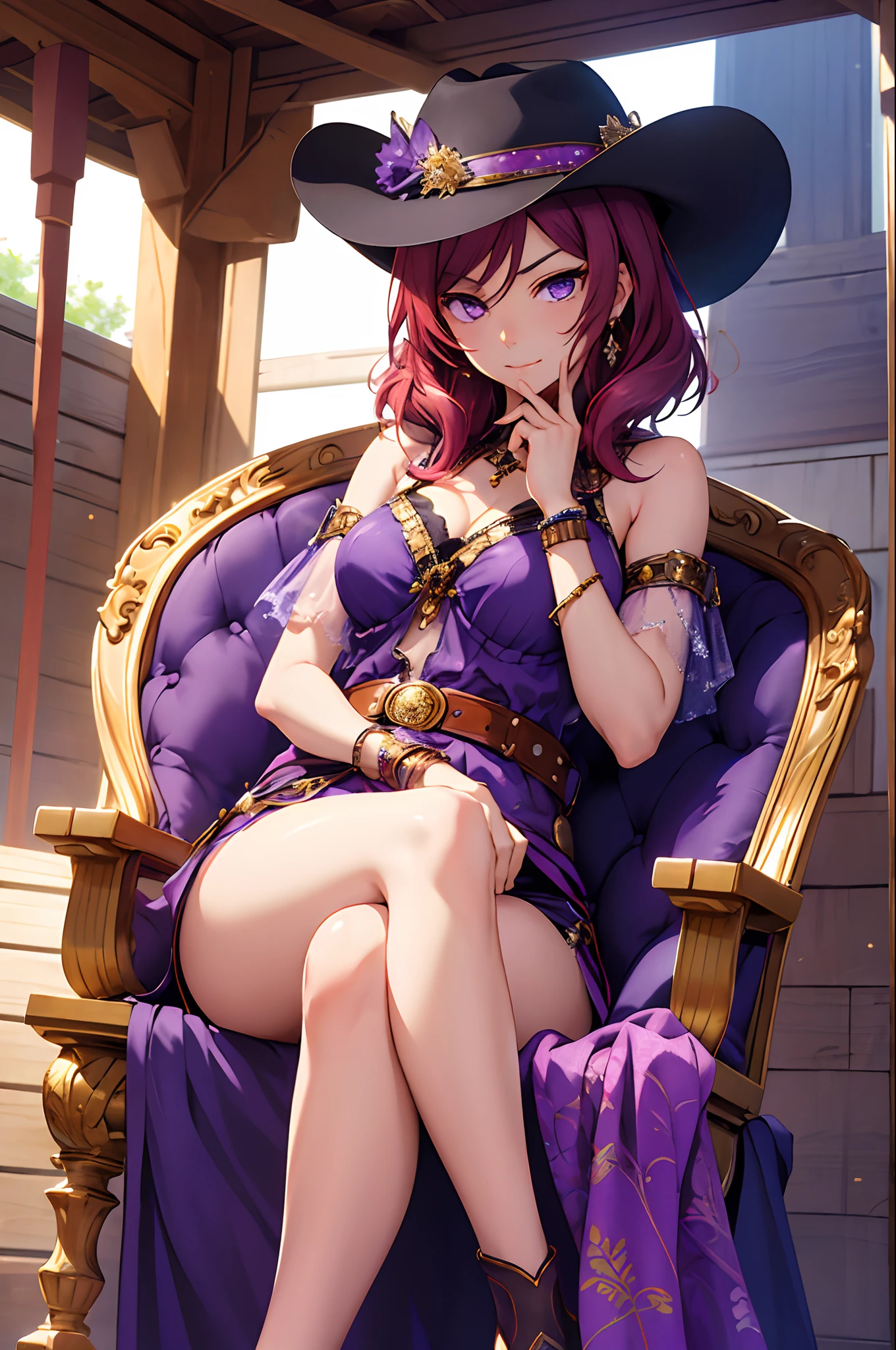 (masterpiece, best quality:1.2), purple eyes,cowboy shot, solo, 1girl, nishikino maki, sitting on throne, crossed legs,hand on cheek, expressionless, closed mouth, looking at viewer, hat, arabian clothes, see-through, bikini, jewelry