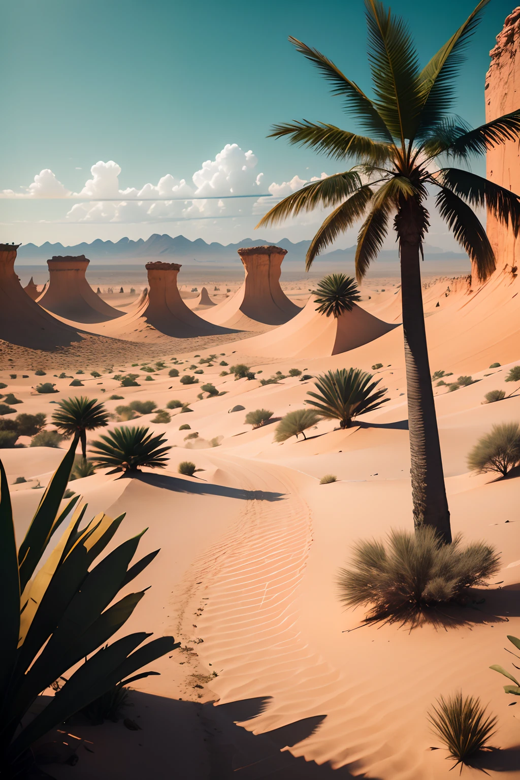 영화 사진 사막의 야자수 . 35mm 사진, 영화, 보케, 전문적인, 4K, 매우 상세한