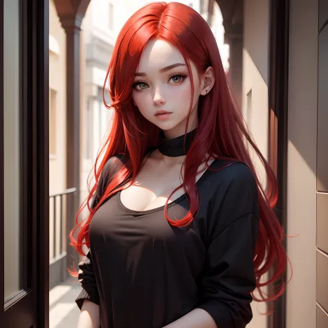 girls red hair black clothes beautiful face