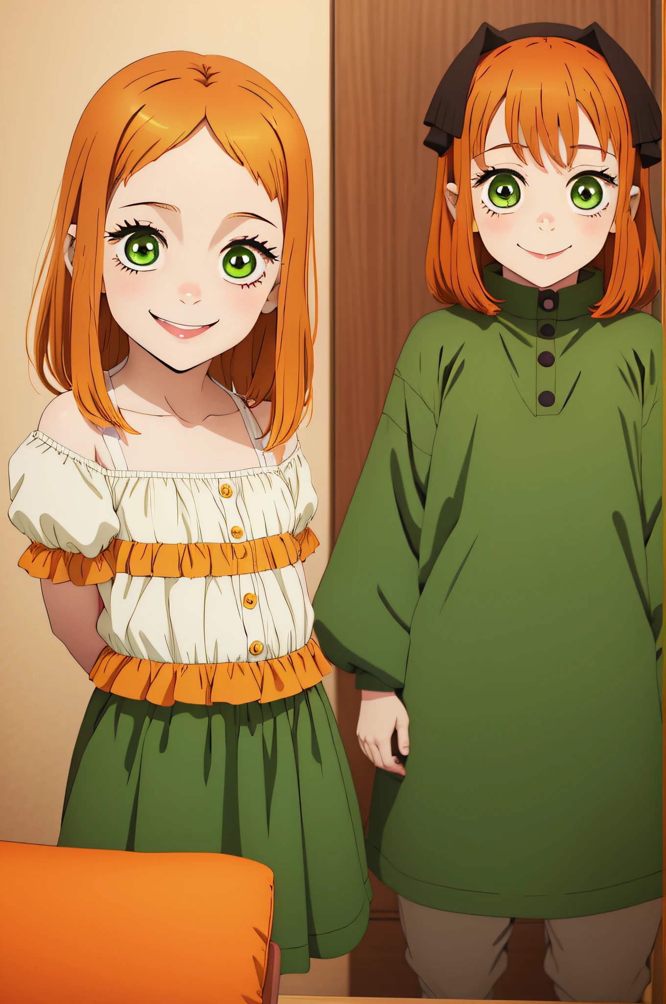 Anime girl with green eyes and red hair standing next to another girl -  SeaArt AI