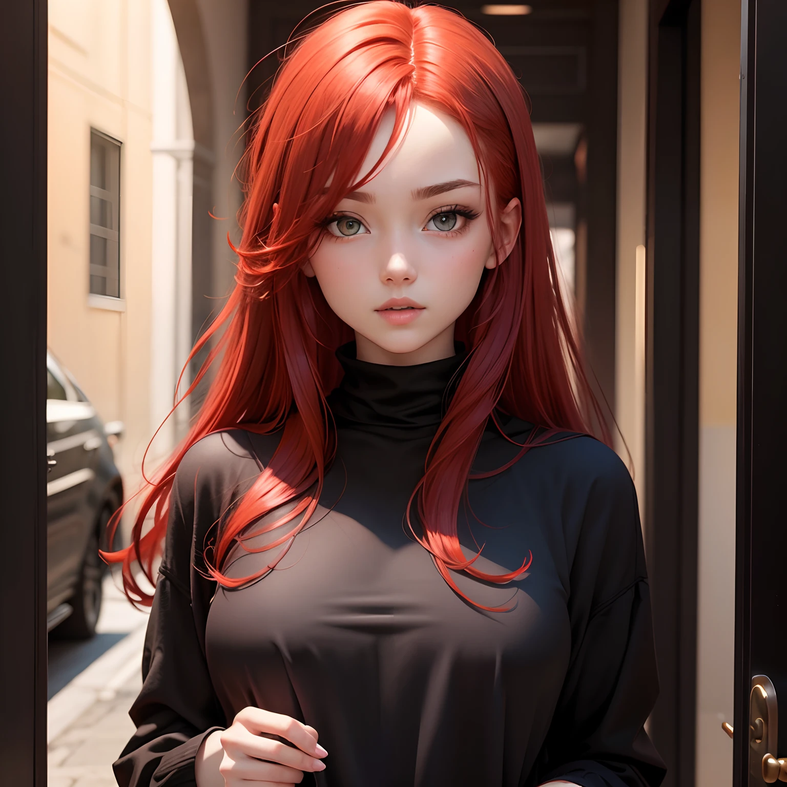 girls red hair black clothes beautiful face