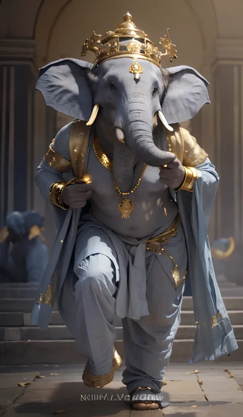 ((grey skin)) elephant stand like human. Wearing traditional blue (dhoti). ((Elephant face)) (crown on head). (Solo elephant) standing in beautiful palace. (gold jewellery)