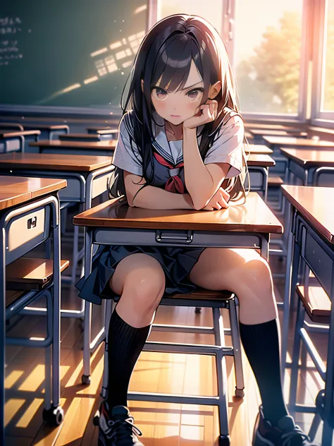 in 8k、top-quality、​masterpiece、ultra-detailliert、ultra-high resolution、anime style、1 schoolgirl、‎classroom、angry