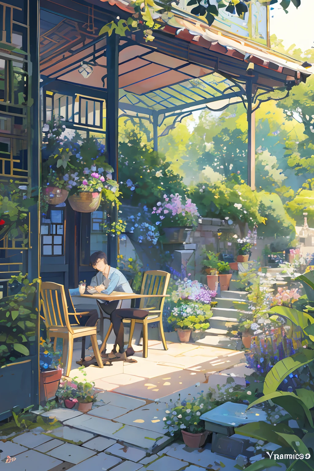 In the garden there are drawings of tables and chairs, relaxing concept art, 　cozy cafe background, by Yang J, afternoon hangout, Plant and flower environment, Cozy place, Relaxing environment, by Aleksander Gine, By Raymond Han, by Victor Wang, Summer afternoon, relax vibe, art nouveau environment, by Zhou Chen, immensely detailed scene, by Yanjun Cheng