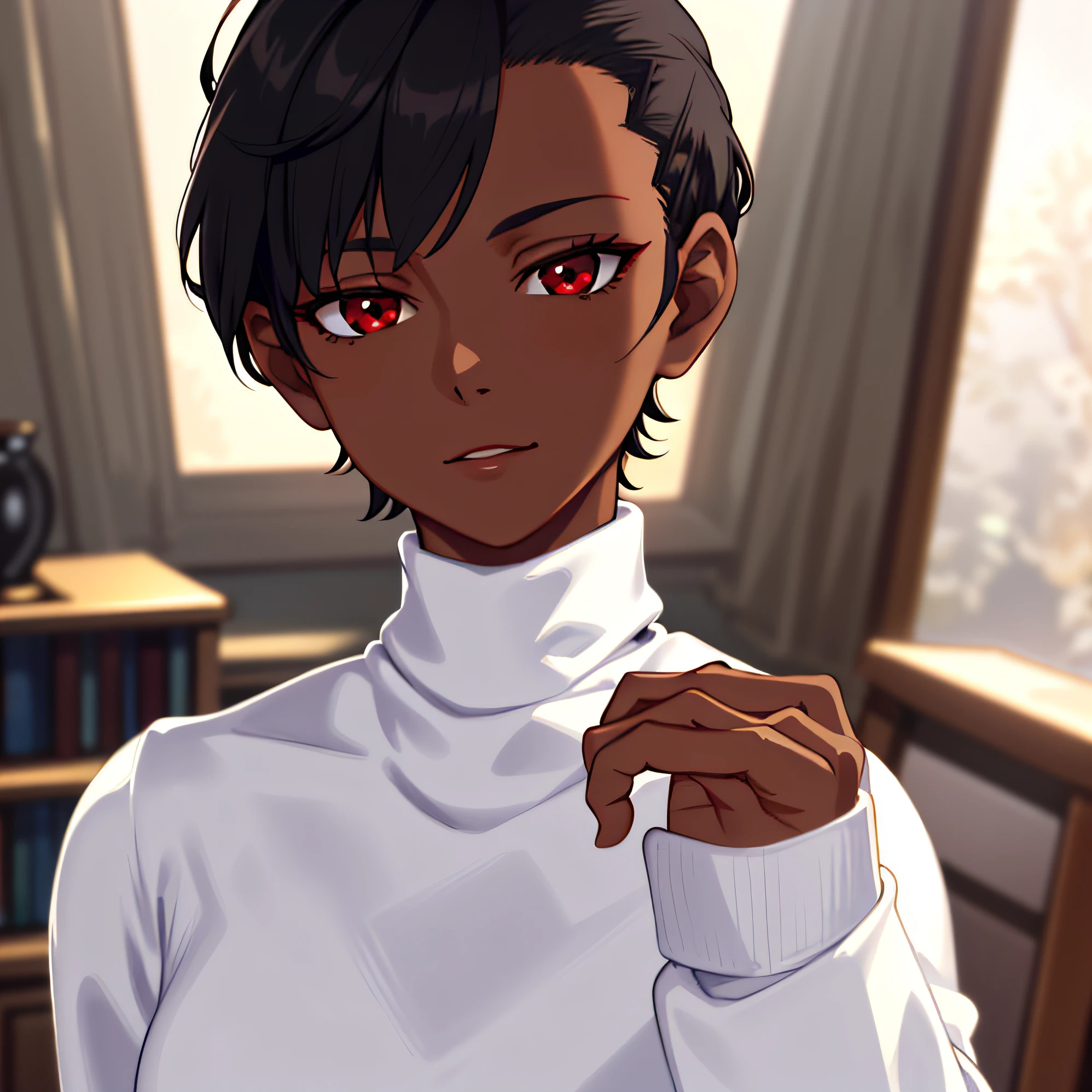 Anime girl with red eyes and black hair in a white turtle neck sweater -  SeaArt AI