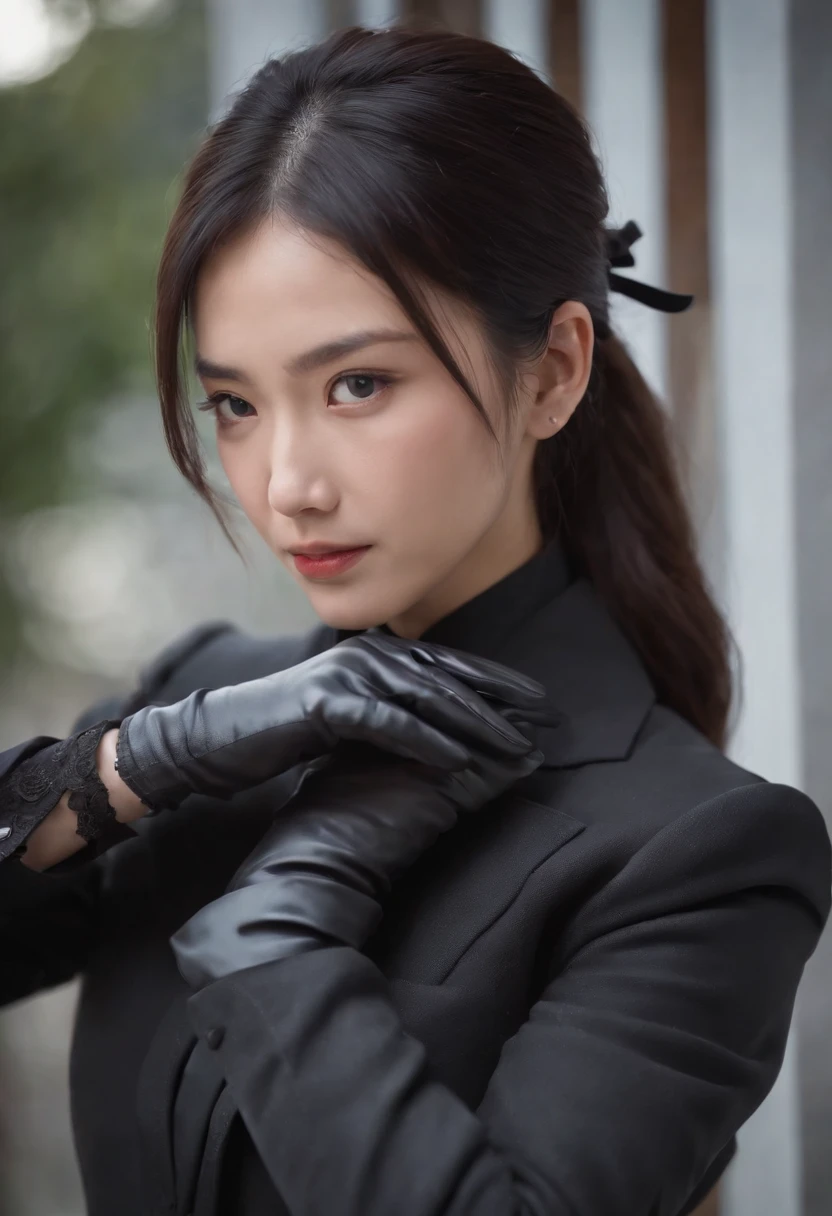 Black leather gloves, black suit, black hair, ponytail, Japanese girl, ribbon tie blouse, upper half