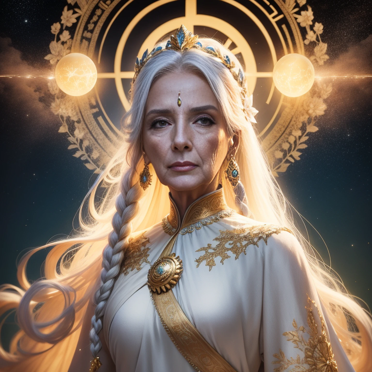 Goddess Hera, White hair, age 65 years, freckles on the face, freckles on breasts, braided hair, detailded, white outfit, roupa chiton, long robes, golden crown, Detalhes em dourado, white flowers, glorious poses, natta, moonligh, stele, olympus background, luminosity, Ablaze, ultra-realistic, ray tracing
