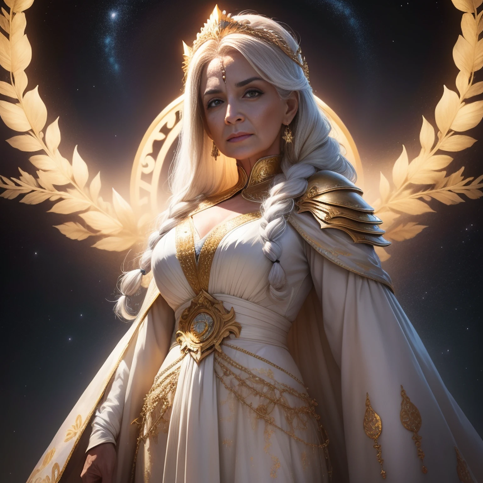 Goddess Hera, White hair, age 65 years, freckles on the face, freckles on breasts, braided hair, detailded, white outfit, roupa chiton, long robes, golden crown, Detalhes em dourado, white flowers, glorious poses, natta, moonligh, stele, olympus background, luminosity, Ablaze, ultra-realistic, ray tracing