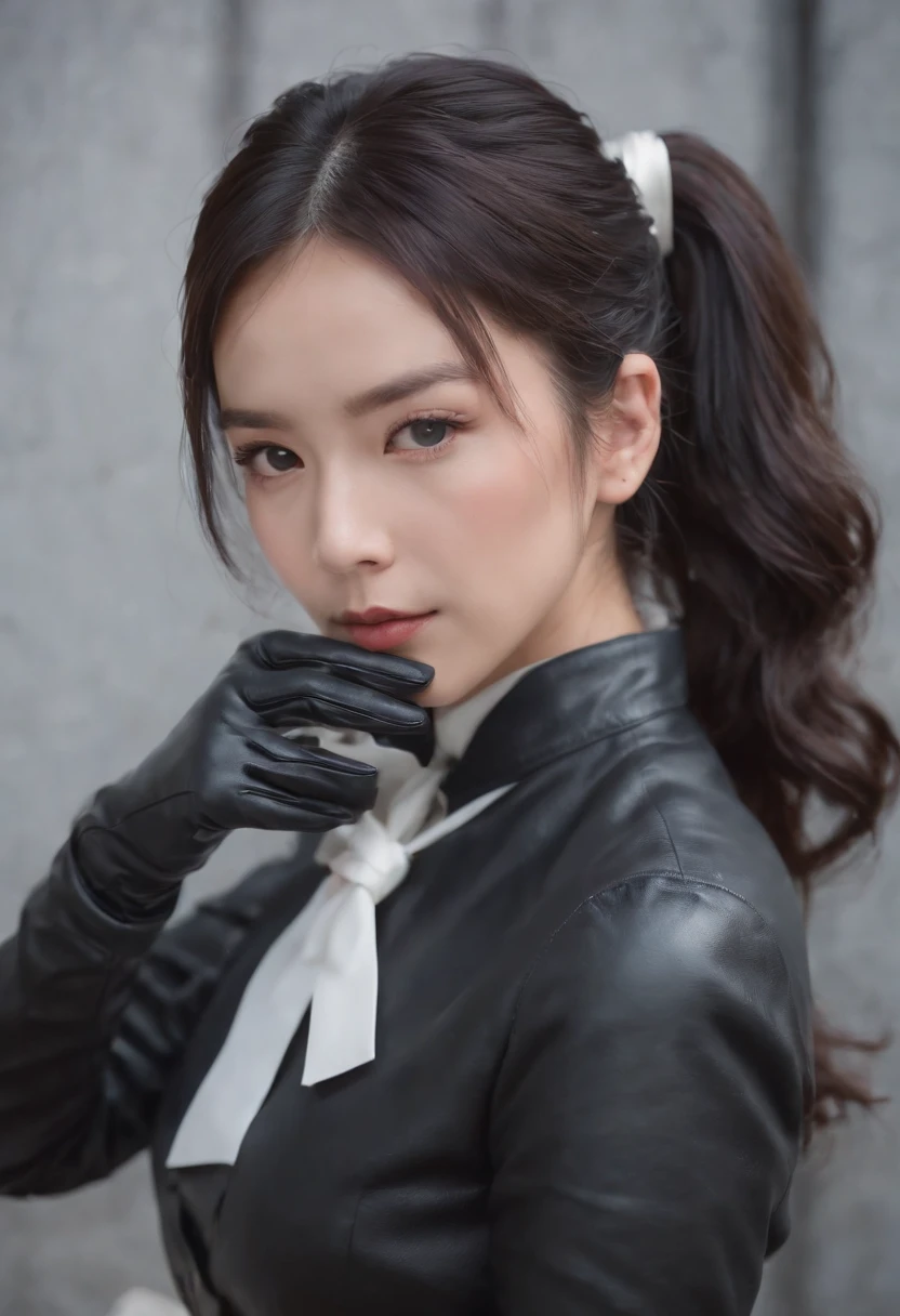 Black leather gloves, black suit, black hair, ponytail, Japanese girl, ribbon tie blouse, upper half