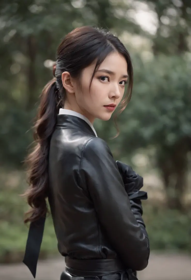 Black leather gloves, black suit, black hair, ponytail, Japanese girl, ribbon tie blouse, upper half