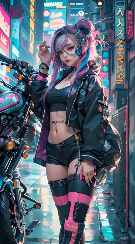 masutepiece, Best Quality, Confident cyberpunk girl, Full body shot, ((Stand in front of the motorcycle)), Pop costumes inspired by Harajuku, Bold colors and patterns, Eye-catching accessories, Trendy and innovative hairstyles, Bright makeup, Cyberpunk daz...