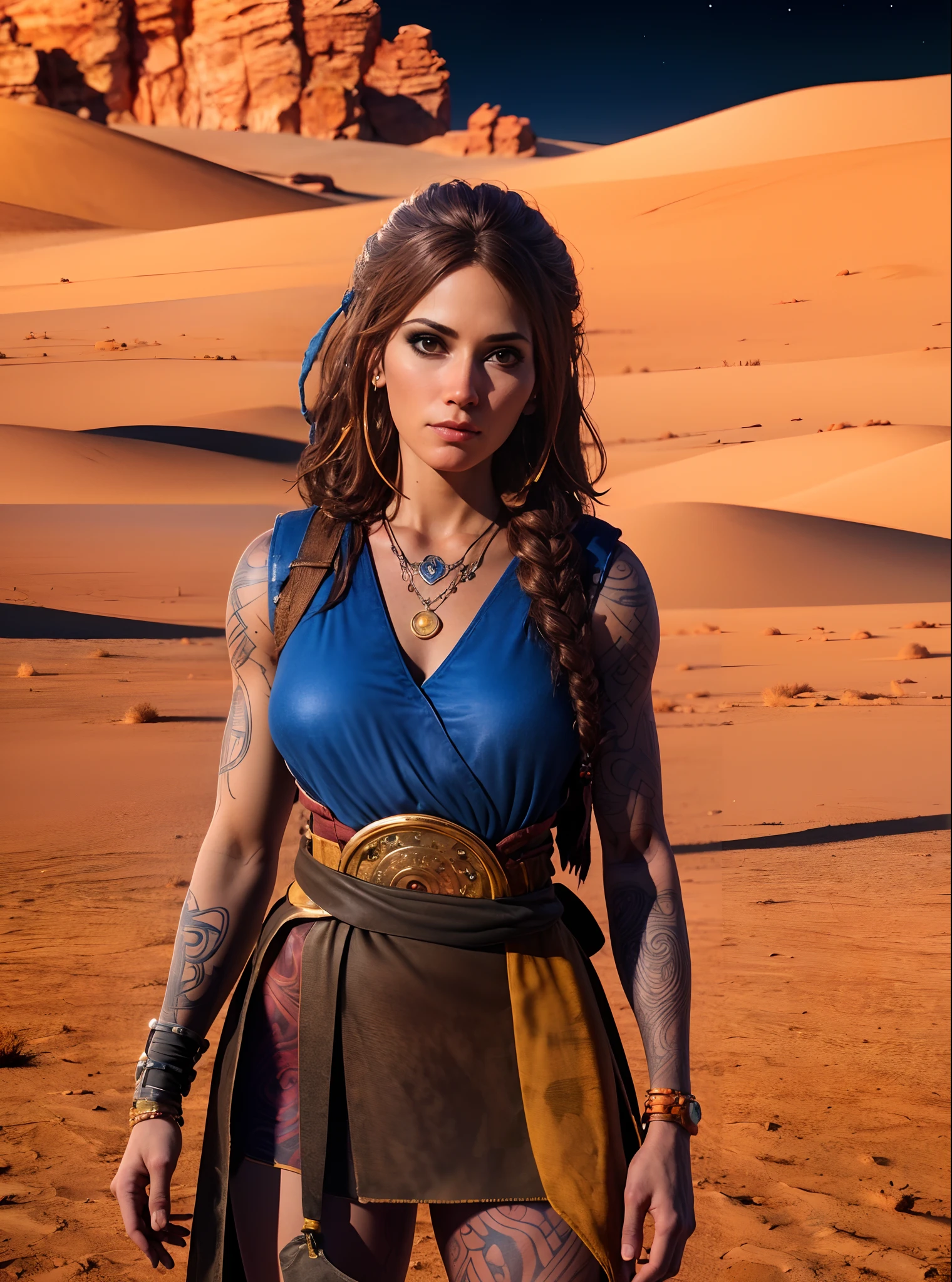 Freya, Tattoos on the arm, retrato, vestir, seios perfeitos, Premiado, standing in desert, at night, (8k, Foto RAW, best quality, master part:1.2),ultra-detalhado, (pele altamente detalhada:1.2), 8k UHD, DSLR, soft lighting, alta qualidade,