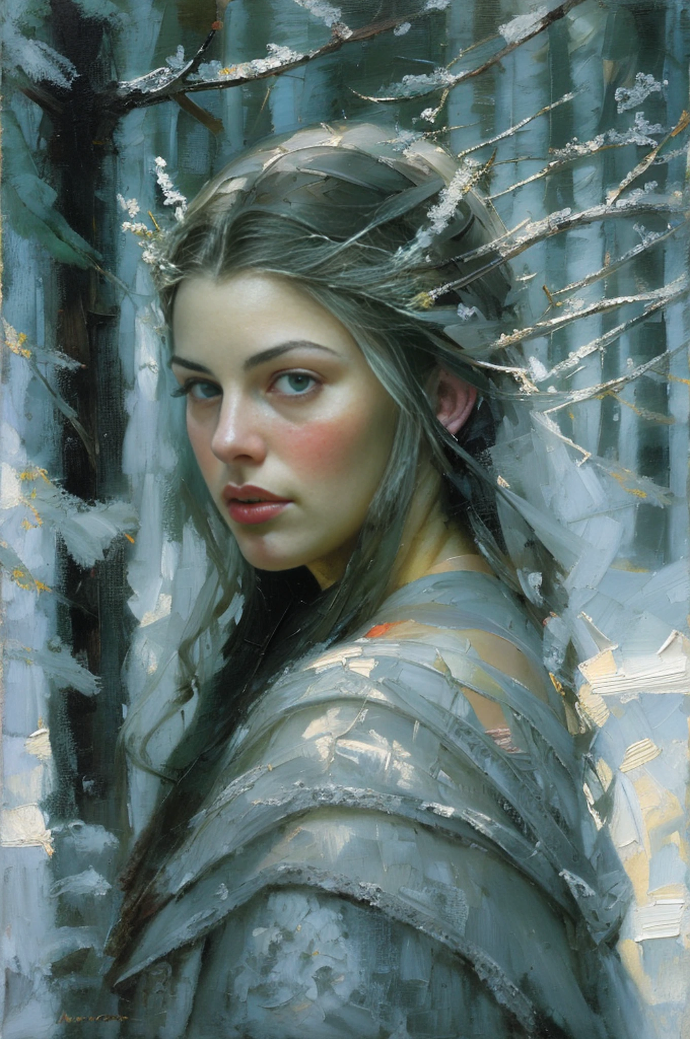 portrait painting of 1girl, arwen, (eleven:0.5), (pointy ears:0.3), blackquality hair, blue colored eyes, don, skin detailed, fancy, snowy nordic forest, modelshoot style, (extremely detailed CG), photo of beautiful artwork, (Antonio Moro), (Jeremy Mann), High detail, sharp focus, Dramatic, oil painting, Realistic