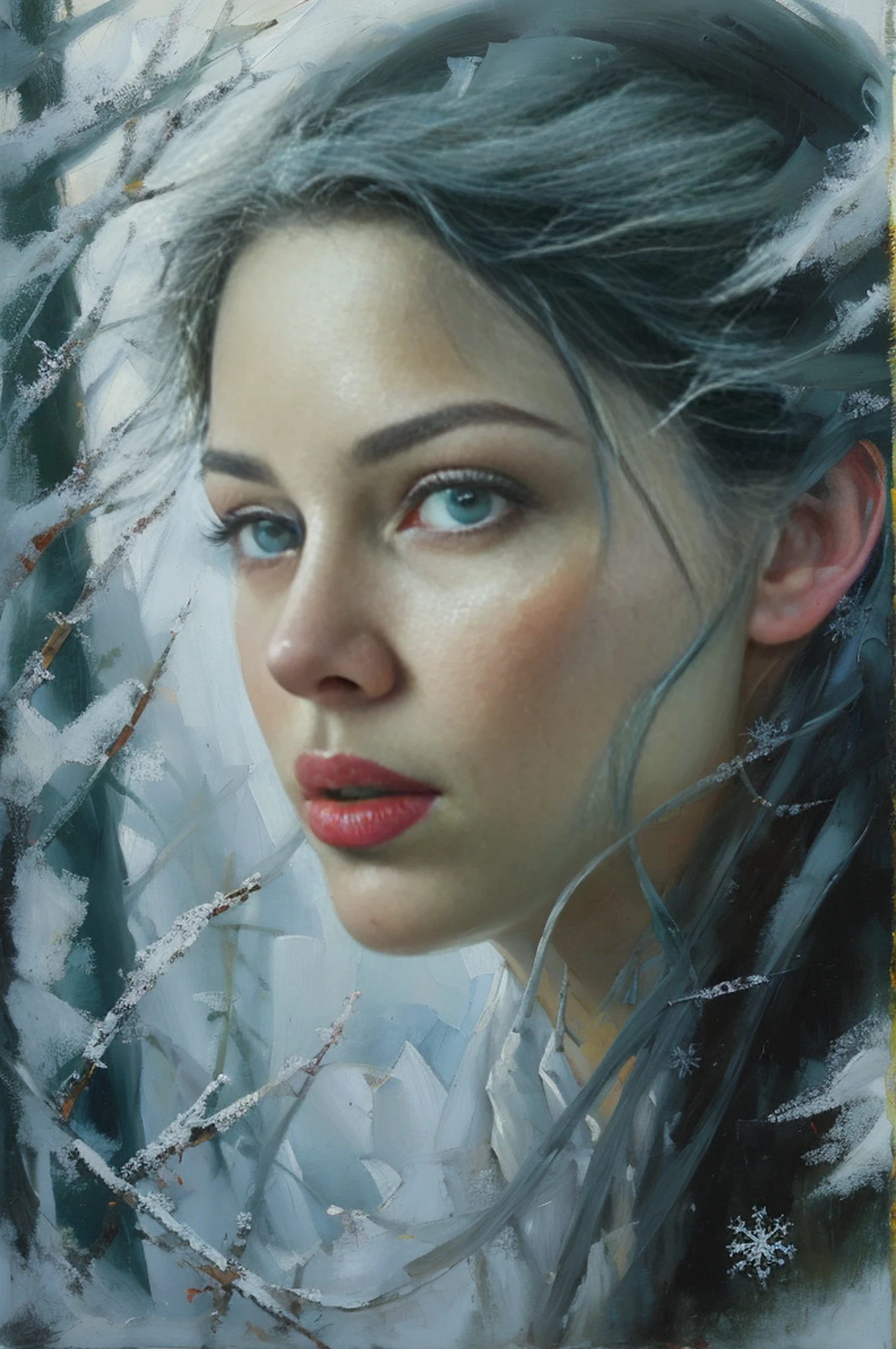 portrait painting of 1girl, arwen, (eleven:0.5), (pointy ears:0.3), blackquality hair, blue colored eyes, don, skin detailed, fancy, snowy nordic forest, modelshoot style, (extremely detailed CG), photo of beautiful artwork, (Antonio Moro), (Jeremy Mann), High detail, sharp focus, Dramatic, oil painting, Realistic