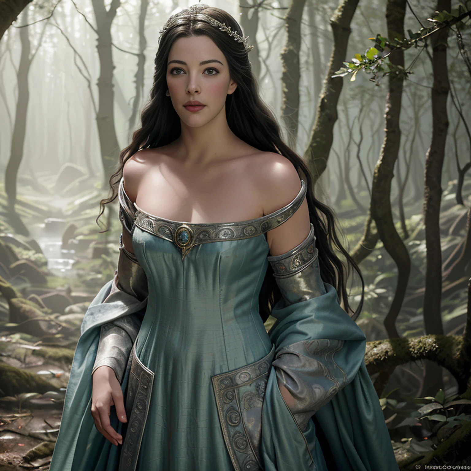 (master part, best quality, 32k HDR, Ultra high resolution, photography realistic), portrait painting of 1girl, (Ultra-realistic photos of Arwen:1.75, realistic portrait of Liv Tyler:1.75, lord of the ring), face detailed:1.2, detailed texture:1.2), eleven, blackquality hair, (sleeveless white dress:1.3), fantasy atmosphere, (Standing in the deep forest:1.35), model shoot style, (extremely details CG), breasts big,